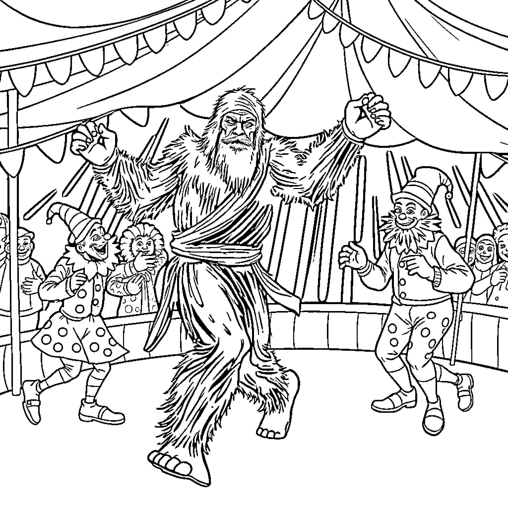 Bigfoot Performing in the Circus Tent Coloring Page (free black-and-white line drawing printable PDF for all, from beginners to advanced learners, including children, teens, adults, and seniors)
