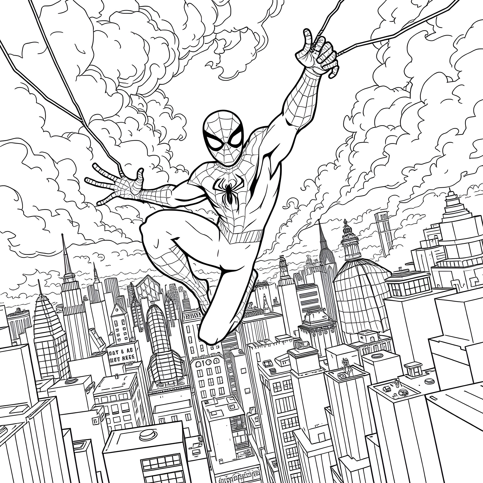 Spiderman's heroic action in the city skyline Coloring Page (free black-and-white line drawing printable PDF for all, from beginners to advanced learners, including children, teens, adults, and seniors)