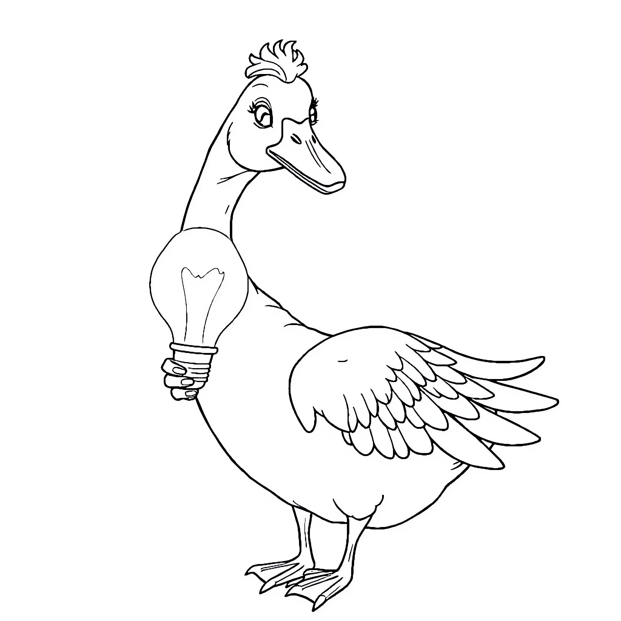 Goose holding a light bulb in its beak Coloring Page (free black-and-white line drawing printable PDF for all, from beginners to advanced learners, including children, teens, adults, and seniors)