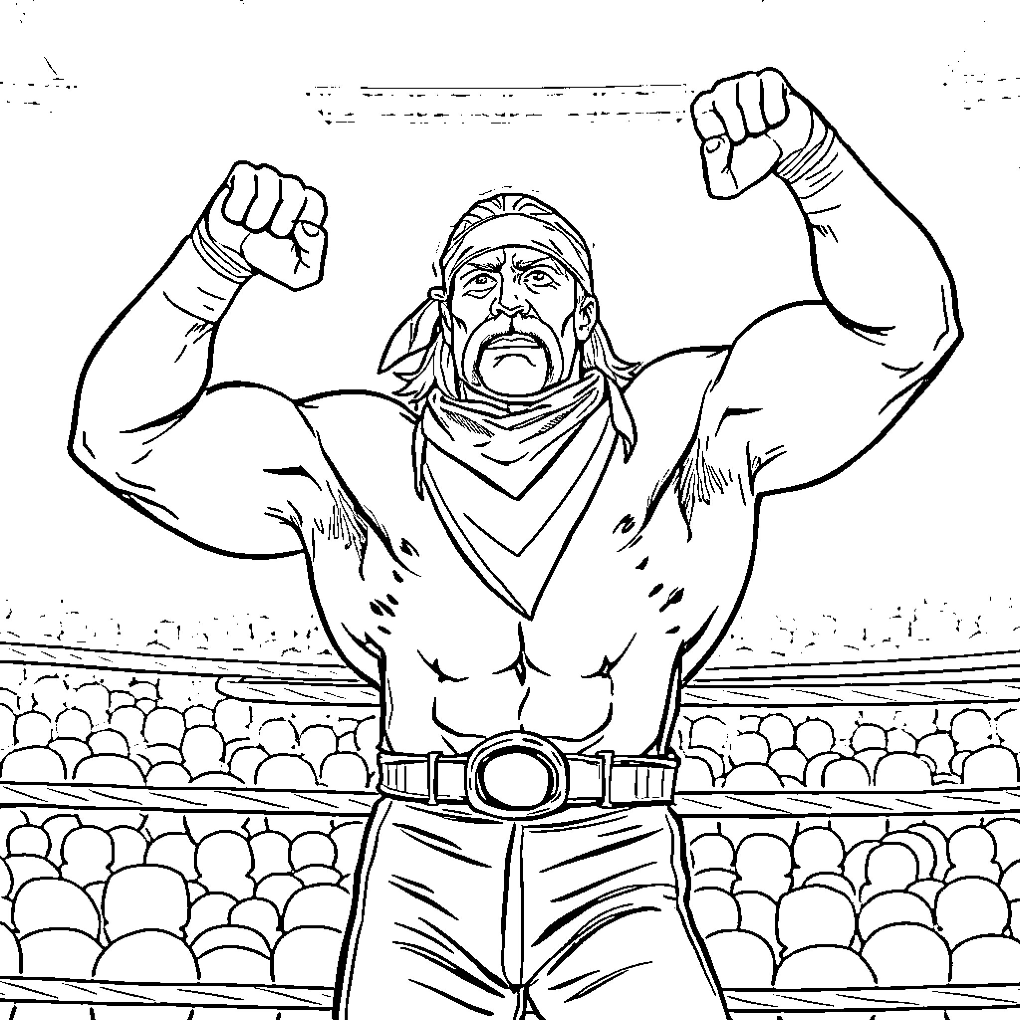 Hulk Hogan flexing muscles in wrestling ring Coloring Page (free black-and-white line drawing printable PDF for all, from beginners to advanced learners, including children, teens, adults, and seniors)