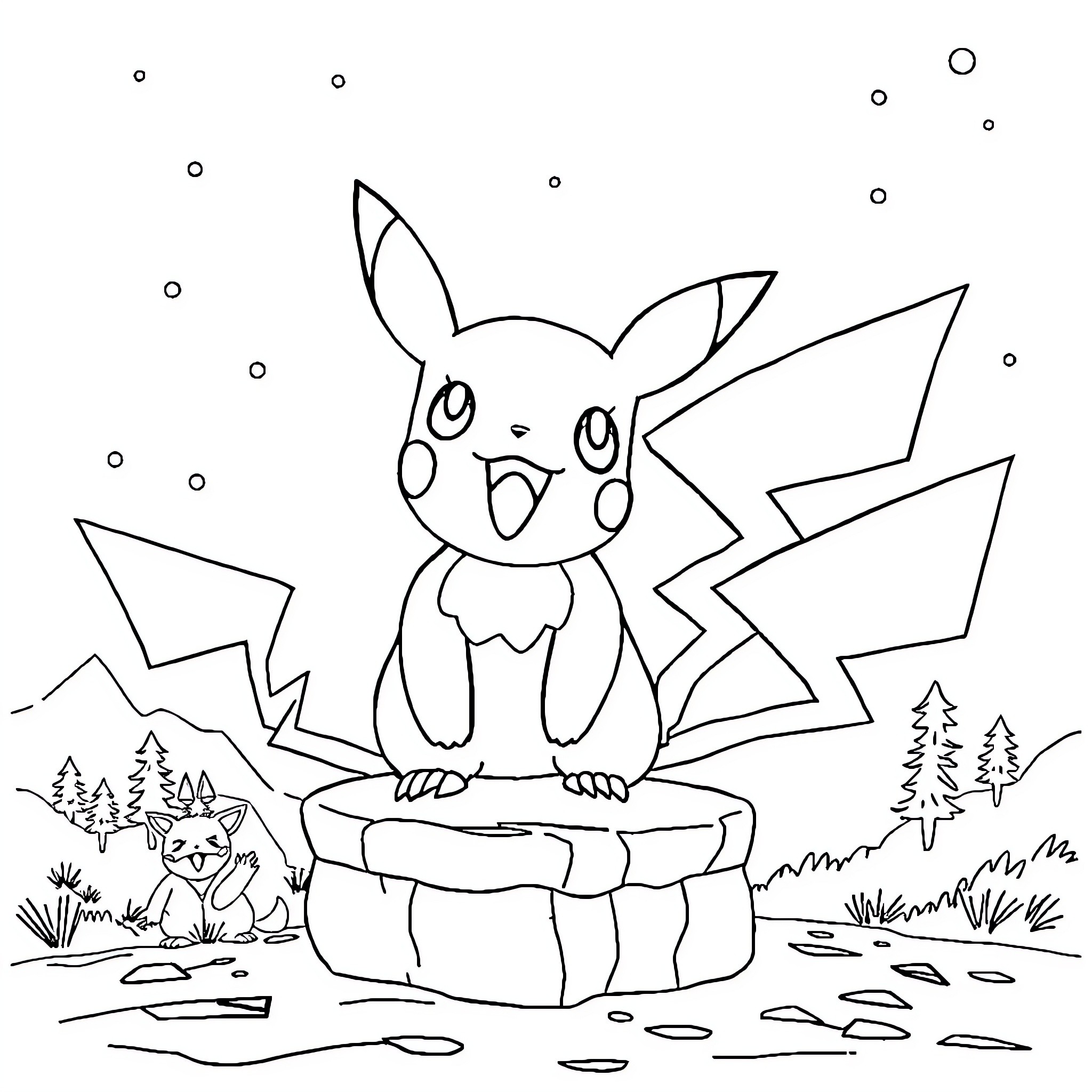 Pokémon character in snowy outdoor scene Coloring Page (free black-and-white line drawing printable PDF for all, from beginners to advanced learners, including children, teens, adults, and seniors)