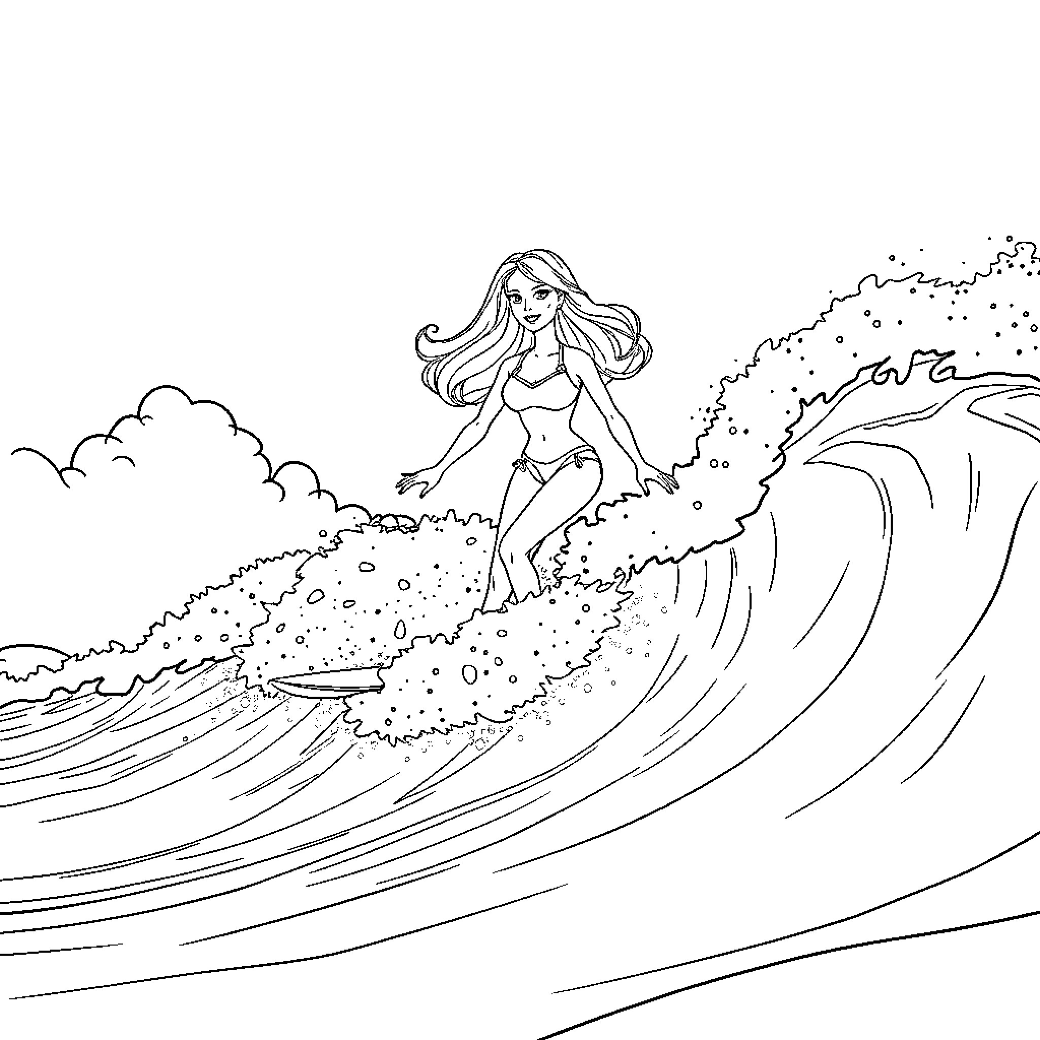 Barbie surfing in the ocean waves Coloring Page (free black-and-white line drawing printable PDF for all, from beginners to advanced learners, including children, teens, adults, and seniors)