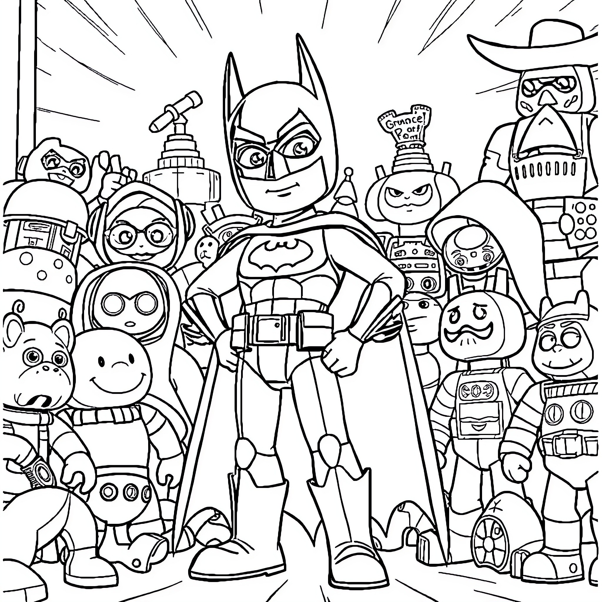 Batman and Friends in Action-Packed Scene Coloring Page (free black-and-white line drawing printable PDF for all, from beginners to advanced learners, including children, teens, adults, and seniors)