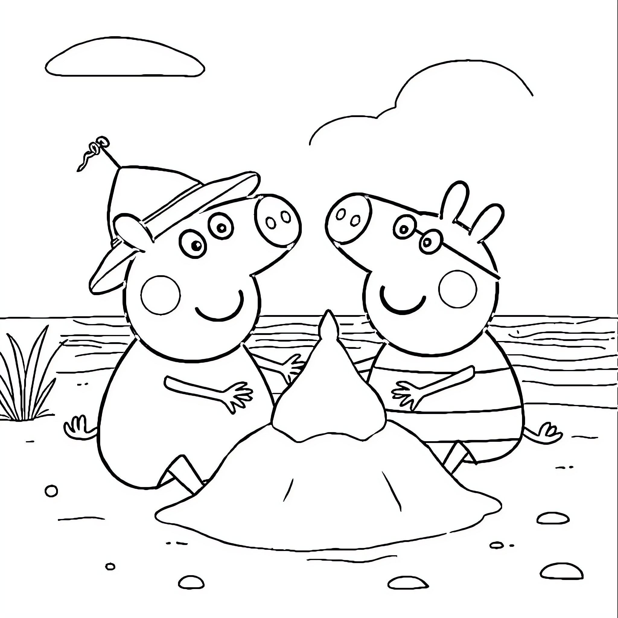 Peppa Pig enjoying beach with friends Coloring Page (free black-and-white line drawing printable PDF for all, from beginners to advanced learners, including children, teens, adults, and seniors)