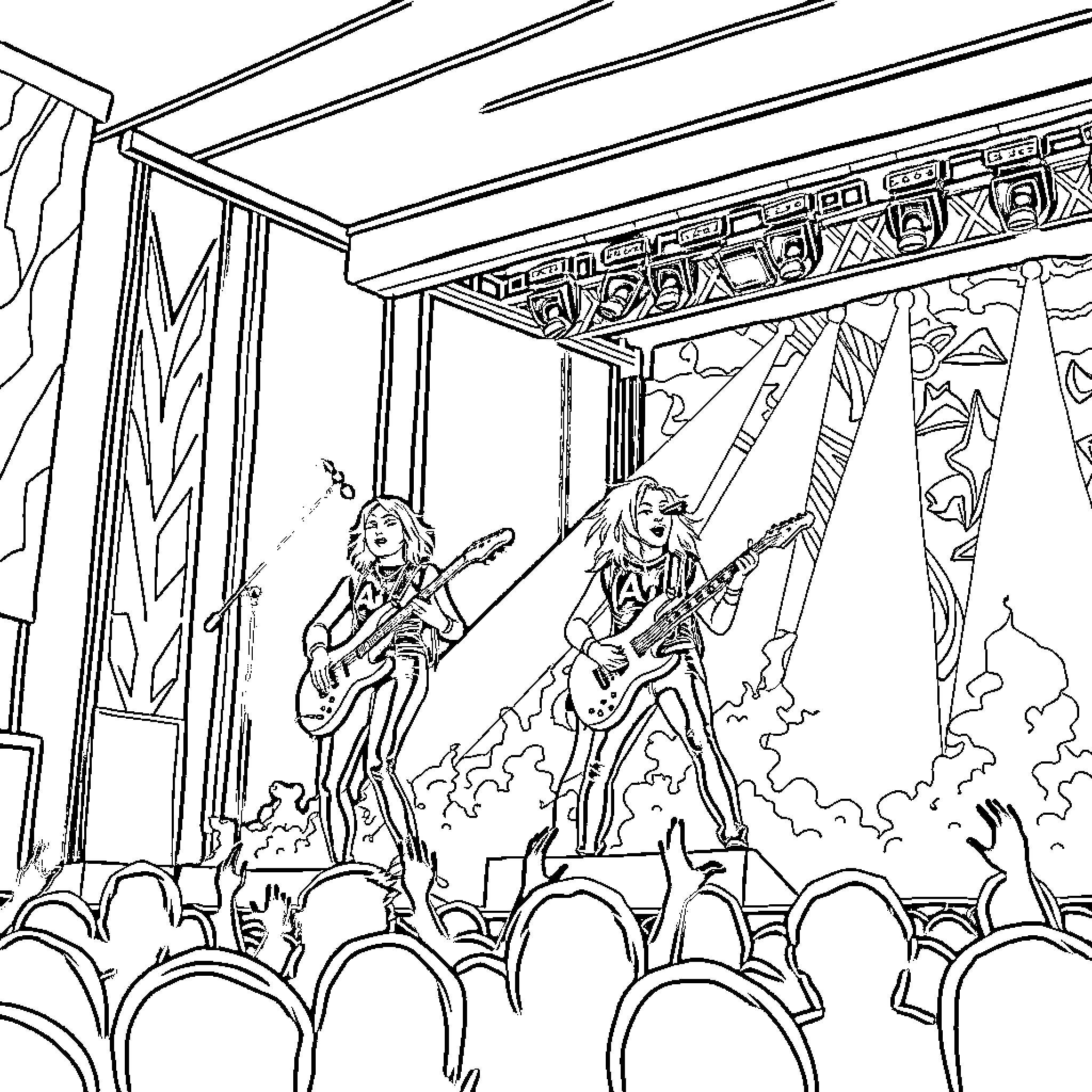 Huntrix: Musicians Performing on Stage Coloring Page (free black-and-white line drawing printable PDF for all, from beginners to advanced learners, including children, teens, adults, and seniors)