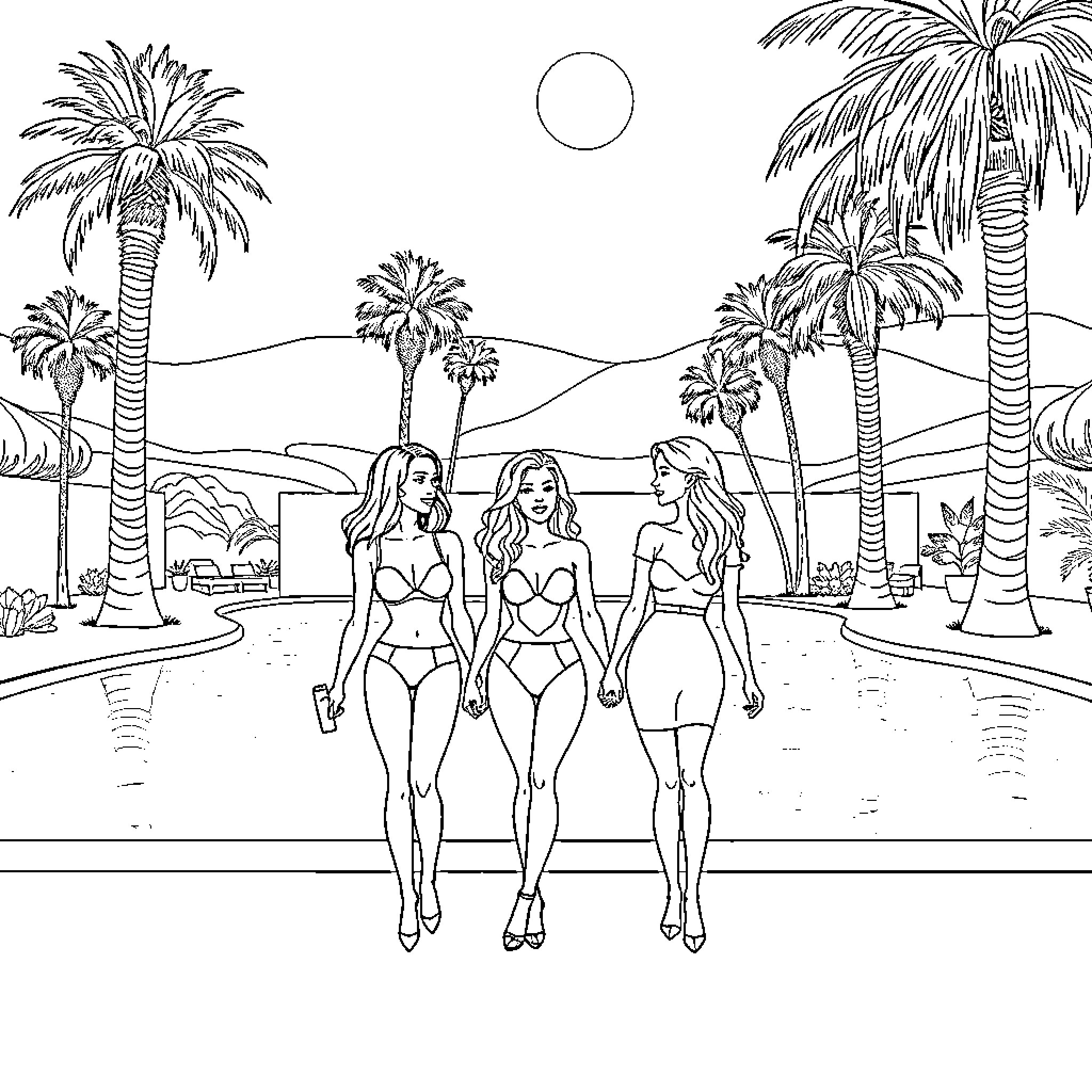 Friend enjoying the sun by the pool Coloring Page (free black-and-white line drawing printable PDF for all, from beginners to advanced learners, including children, teens, adults, and seniors)