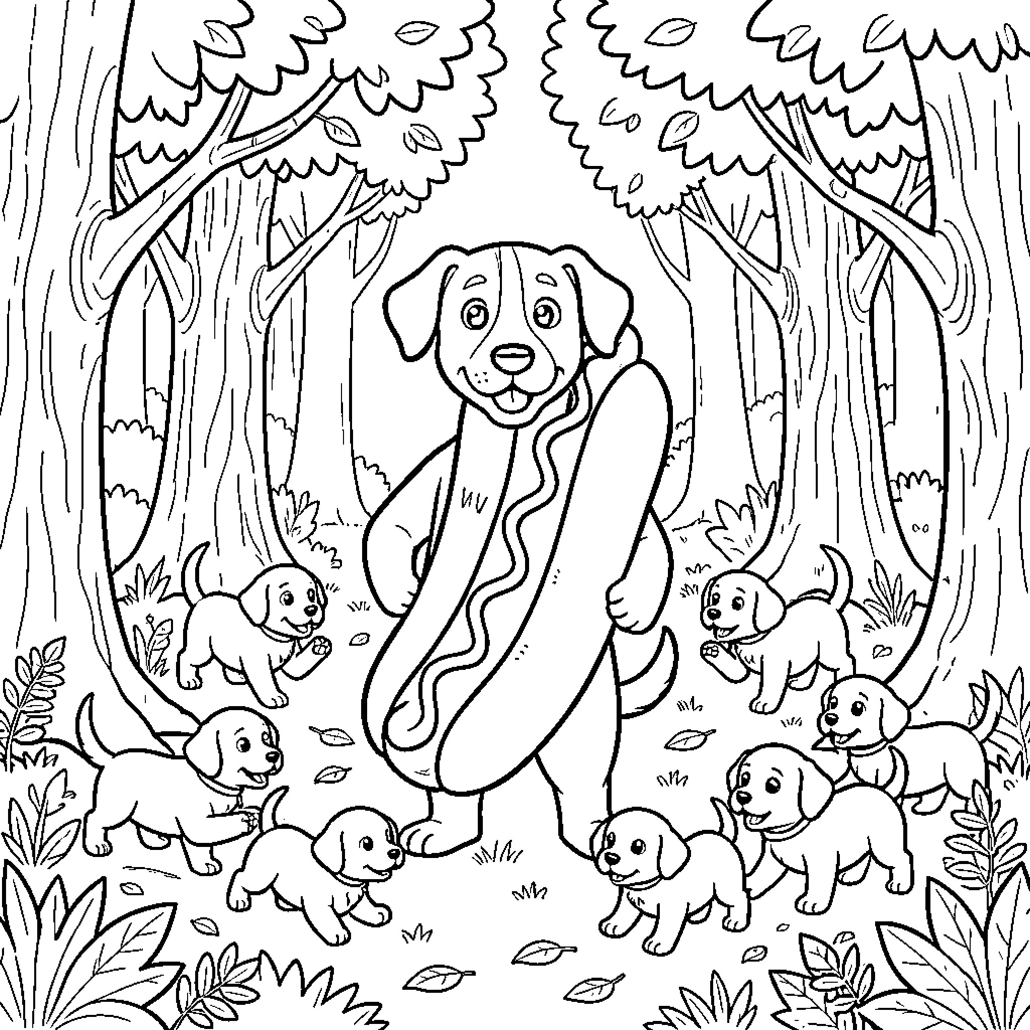 Wiener Dog dressed as a hot dog in the woods Coloring Page (free black-and-white line drawing printable PDF for all, from beginners to advanced learners, including children, teens, adults, and seniors)