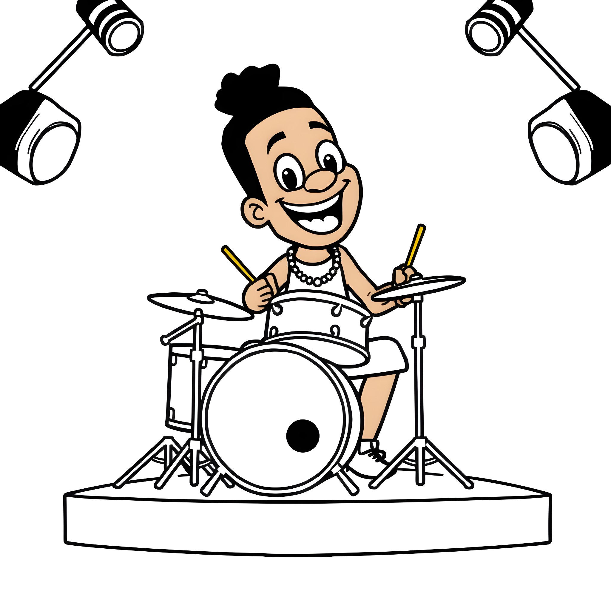 Diddy drumming on stage with spotlight Coloring Page (free black-and-white line drawing printable PDF for all, from beginners to advanced learners, including children, teens, adults, and seniors)