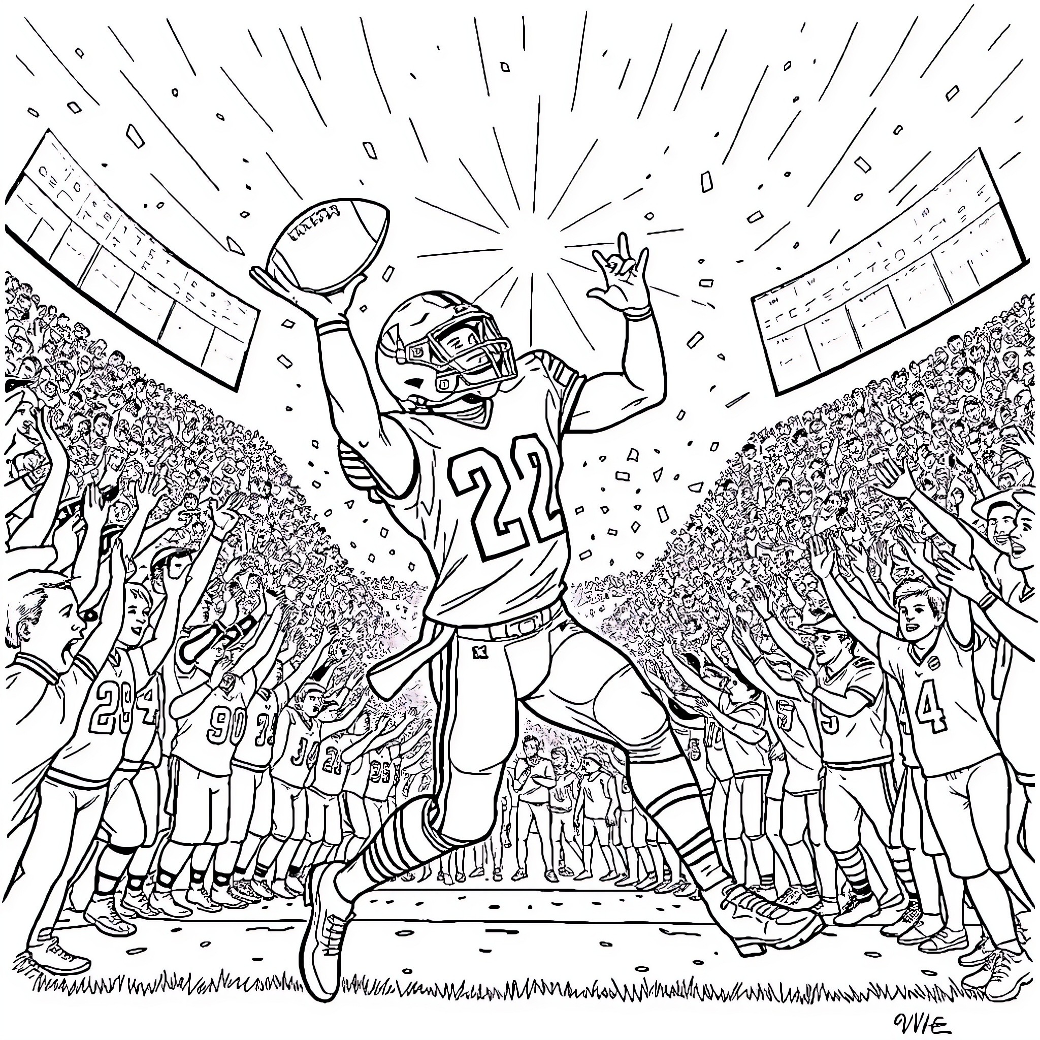 Football player celebrating touchdown in crowded stadium Coloring Page (free black-and-white line drawing printable PDF for all, from beginners to advanced learners, including children, teens, adults, and seniors)