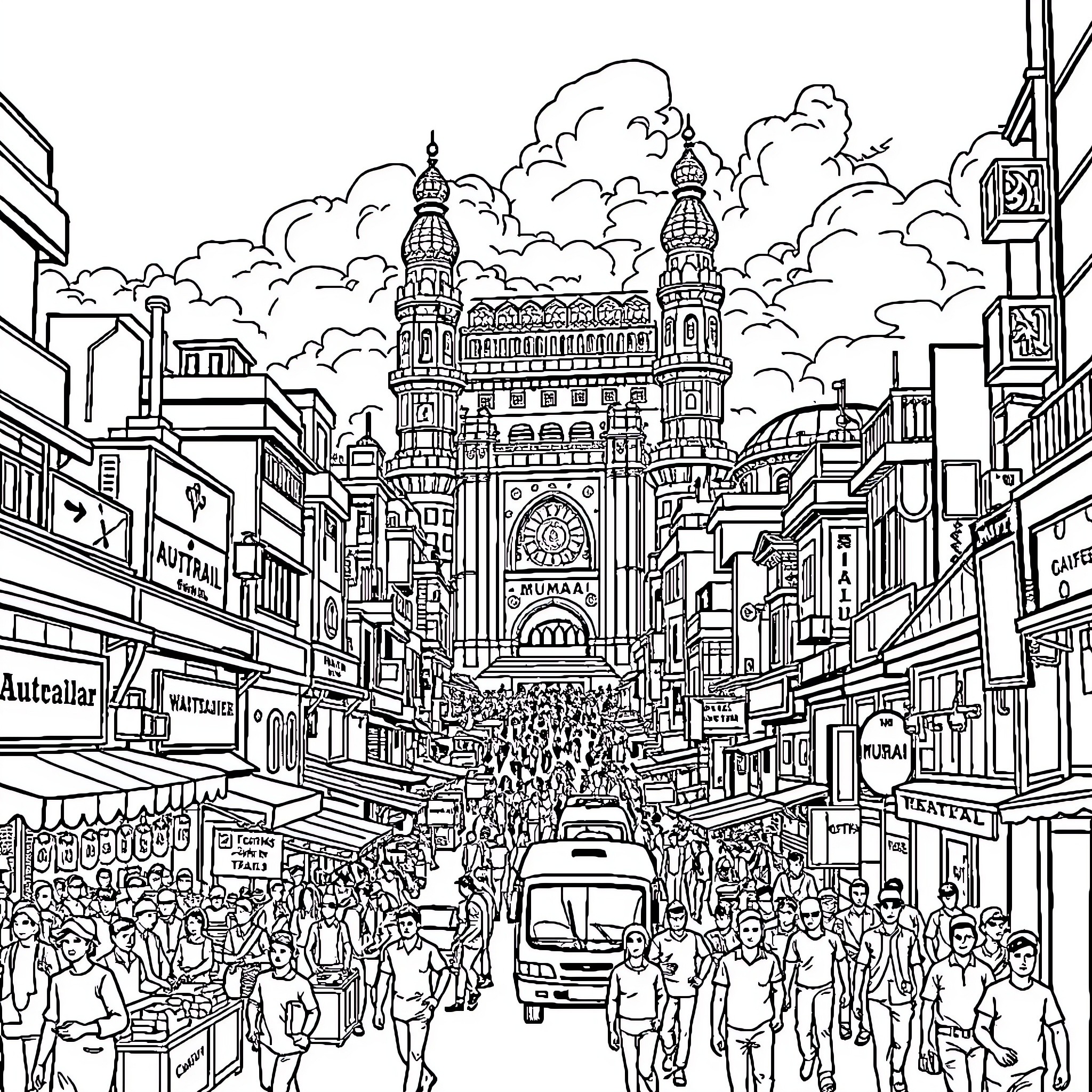 Mumbai bustling marketplace with intricate architecture Coloring Page (free black-and-white line drawing printable PDF for all, from beginners to advanced learners, including children, teens, adults, and seniors)