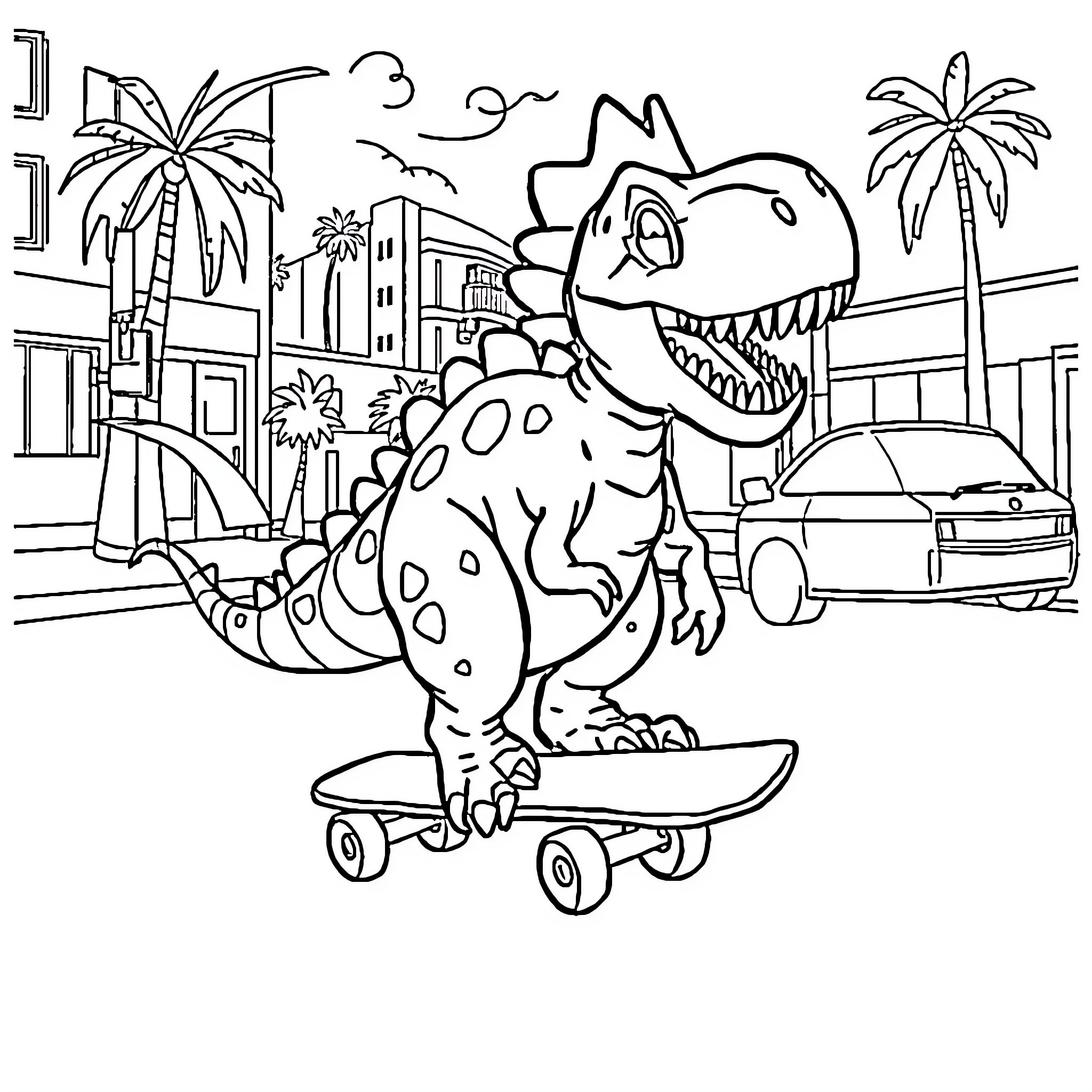 Dinosaur riding skateboard through city streets Coloring Page (free black-and-white line drawing printable PDF for all, from beginners to advanced learners, including children, teens, adults, and seniors)