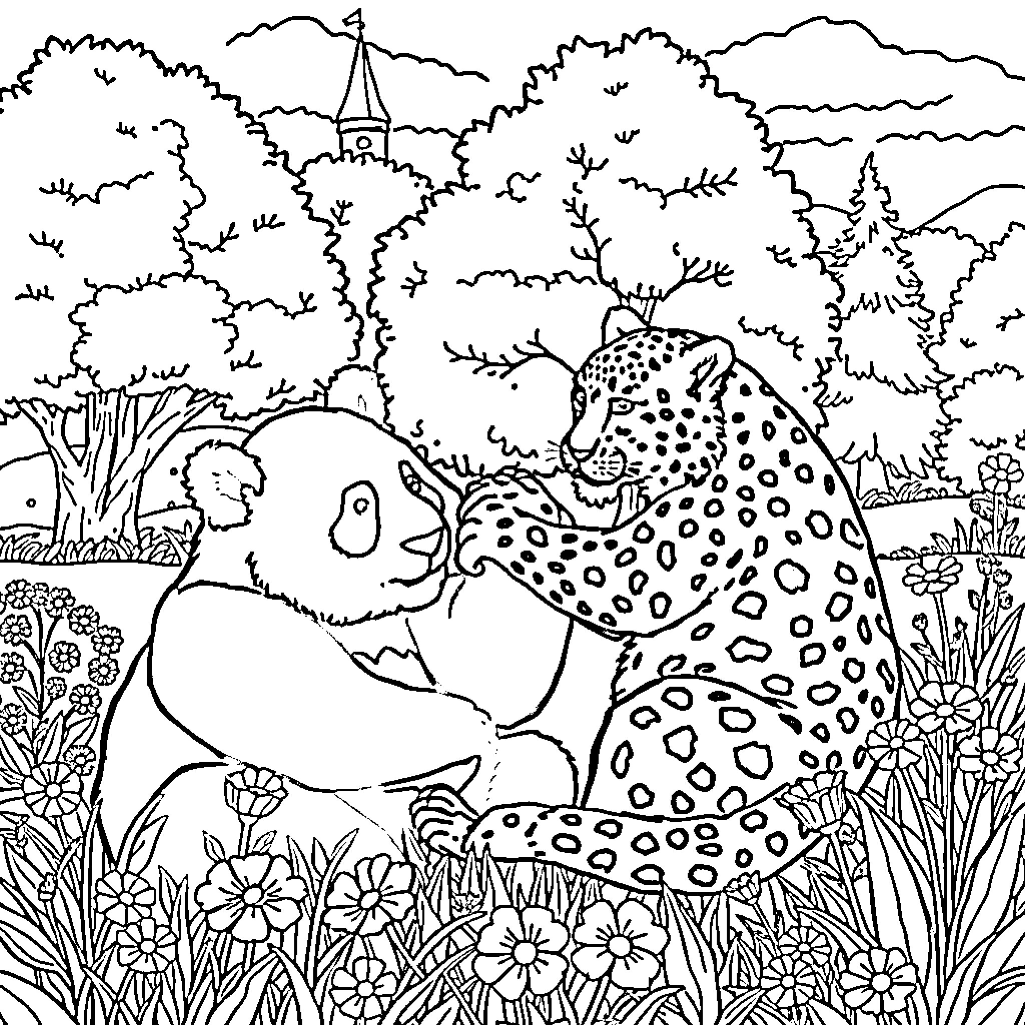 Panda resting in a lush forest landscape Coloring Page (free black-and-white line drawing printable PDF for all, from beginners to advanced learners, including children, teens, adults, and seniors)