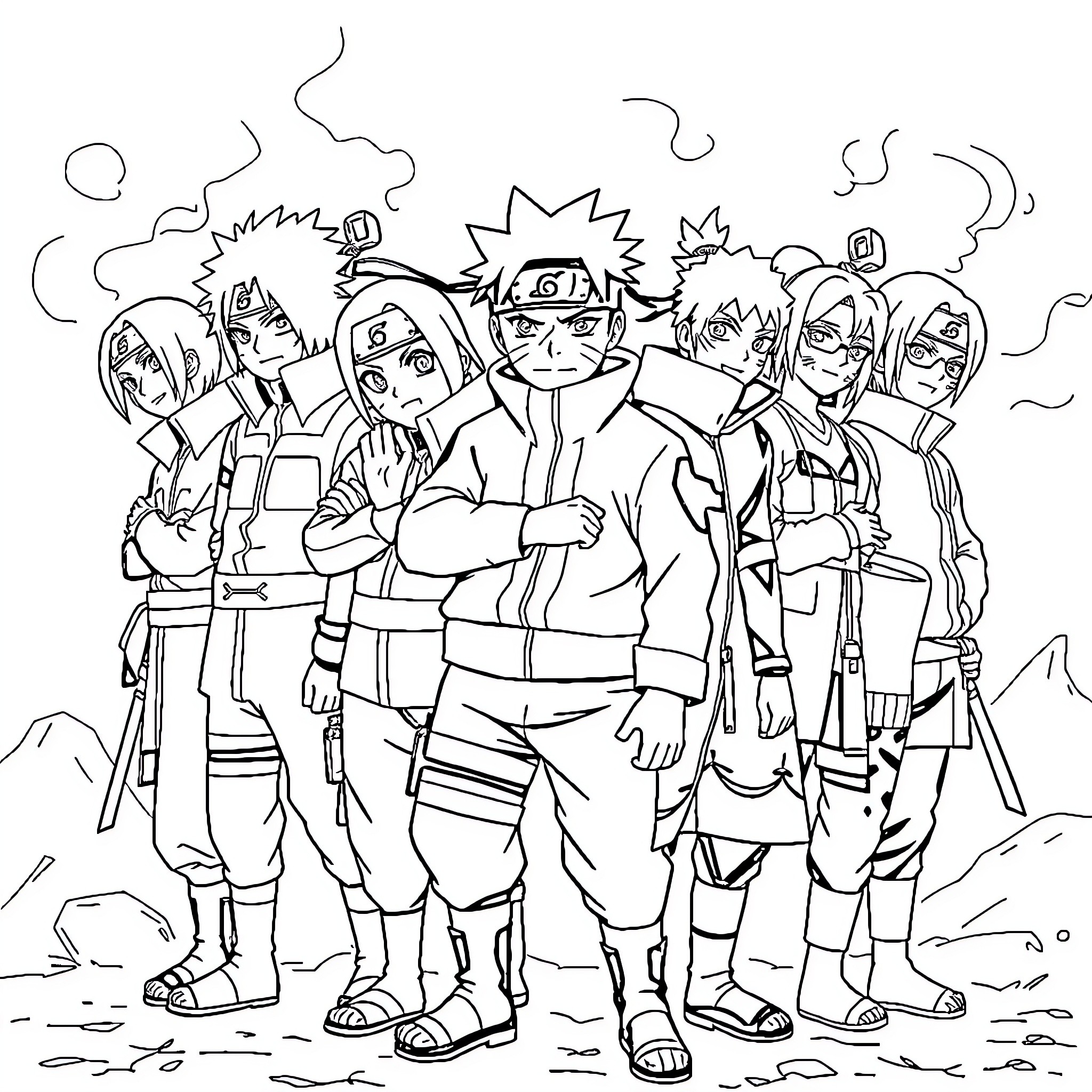 Naruto and his ninja comrades on a mission Coloring Page (free black-and-white line drawing printable PDF for all, from beginners to advanced learners, including children, teens, adults, and seniors)