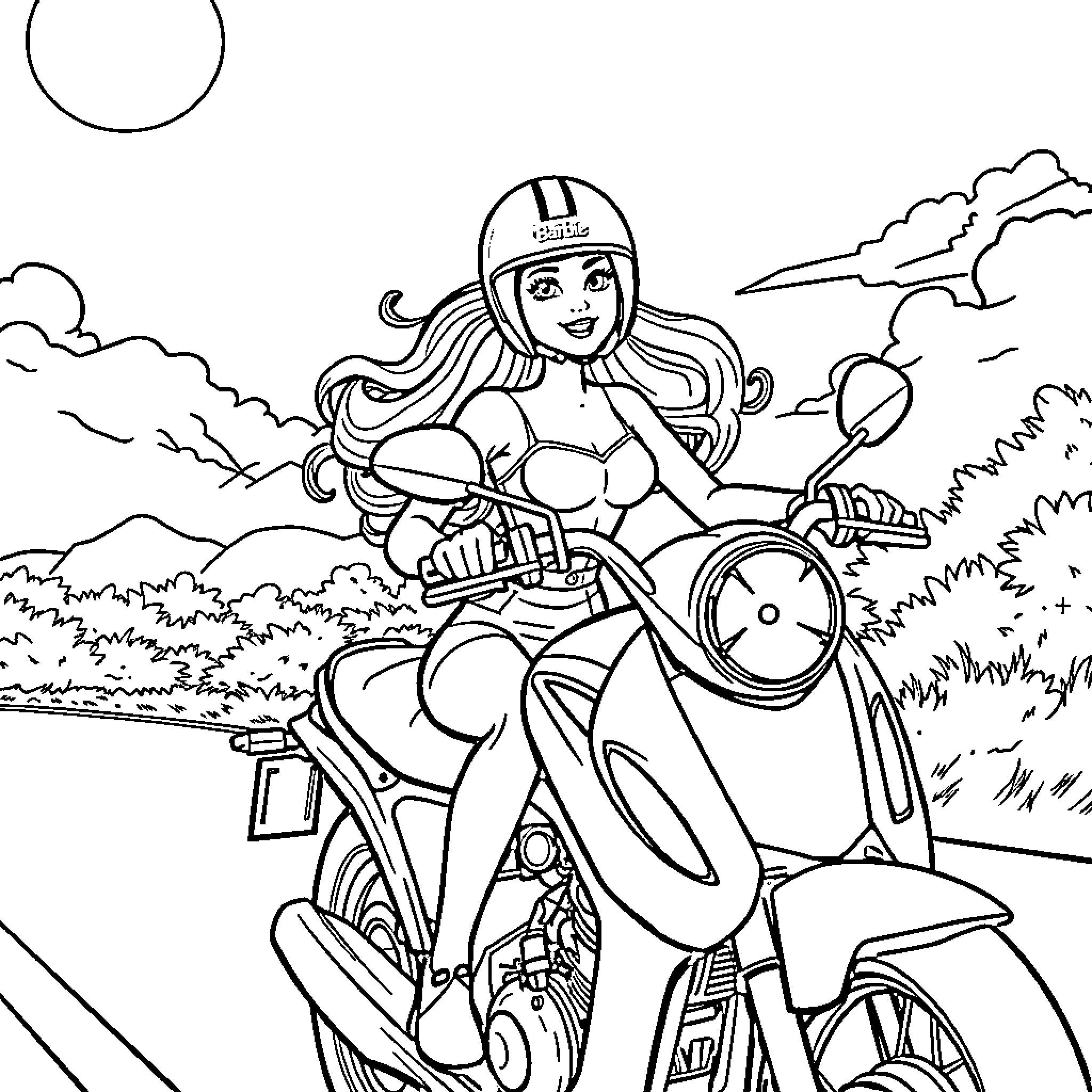 Barbie riding a motorcycle in nature Coloring Page (free black-and-white line drawing printable PDF for all, from beginners to advanced learners, including children, teens, adults, and seniors)