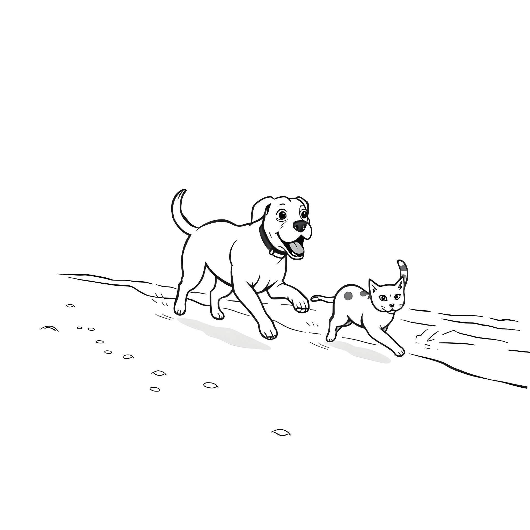 Dog playing with curious cat outdoors Coloring Page (free black-and-white line drawing printable PDF for all, from beginners to advanced learners, including children, teens, adults, and seniors)
