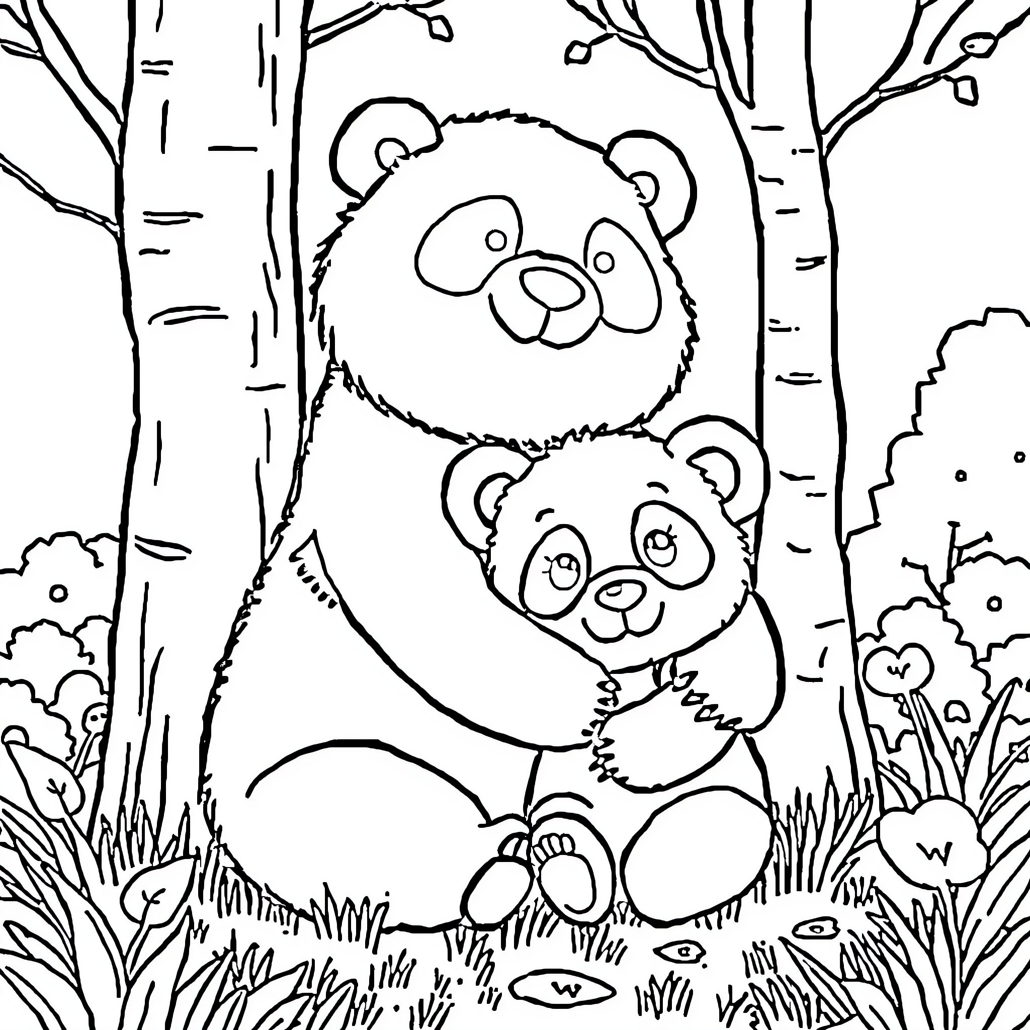 Panda bears enjoying nature in the forest Coloring Page (free black-and-white line drawing printable PDF for all, from beginners to advanced learners, including children, teens, adults, and seniors)