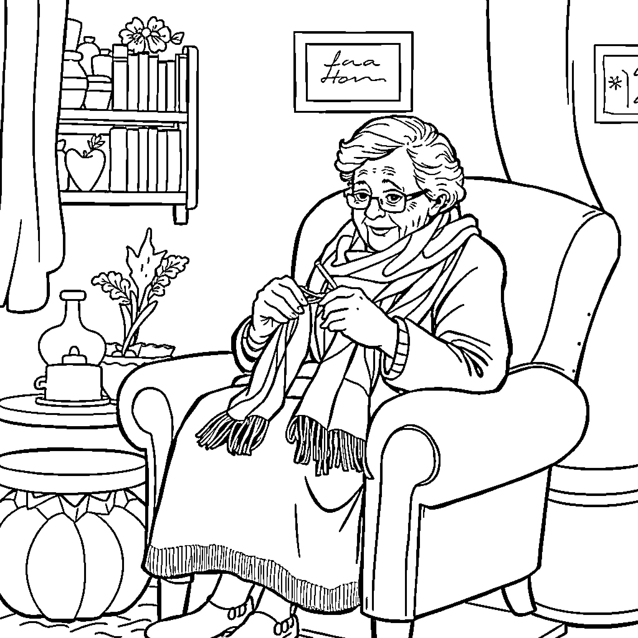 Old Lady Sitting Comfortably Knitting in Her Cozy Home Coloring Page (free black-and-white line drawing printable PDF for all, from beginners to advanced learners, including children, teens, adults, and seniors)