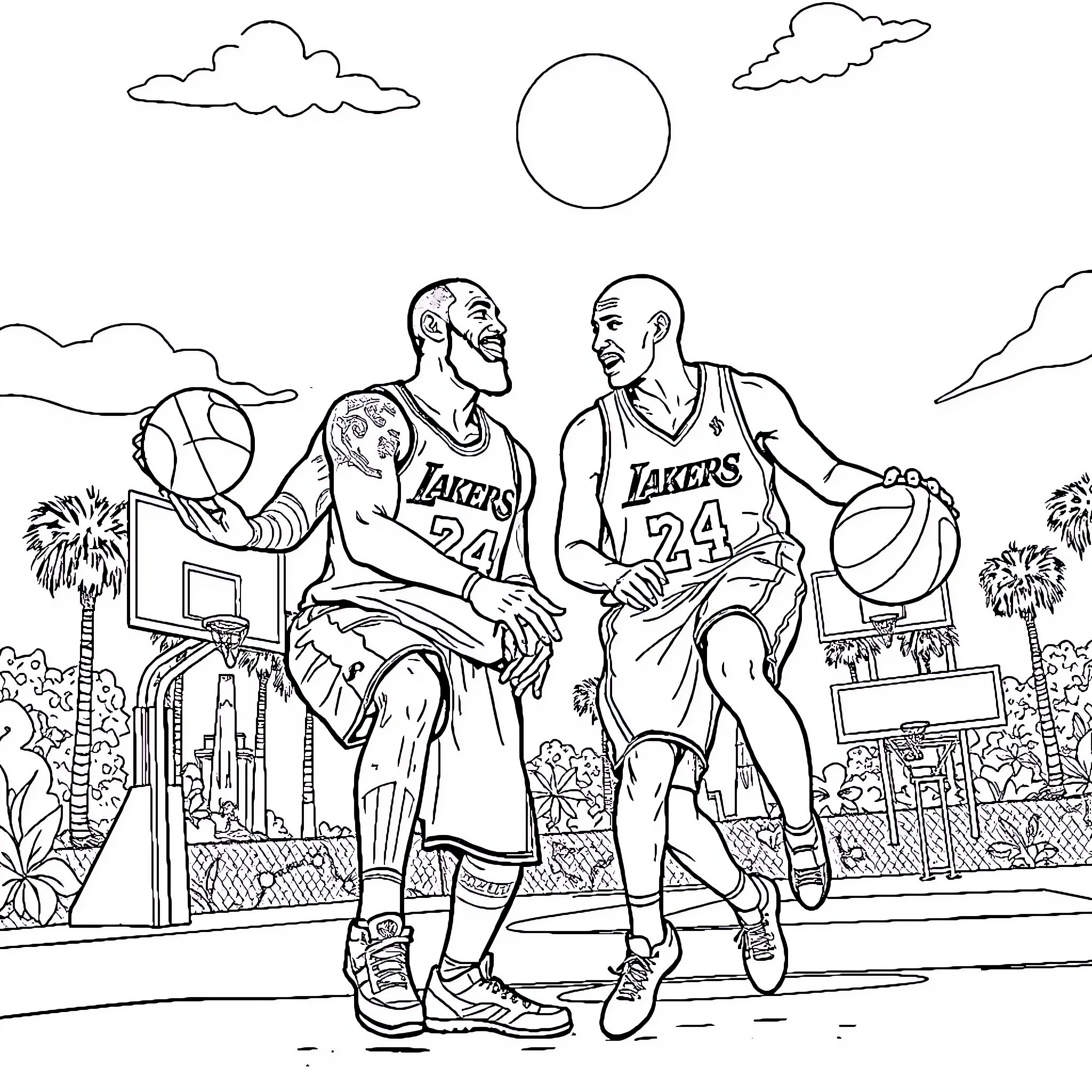 LeBron and Kobe Competing on the Basketball Court Coloring Page (free black-and-white line drawing printable PDF for all, from beginners to advanced learners, including children, teens, adults, and seniors)