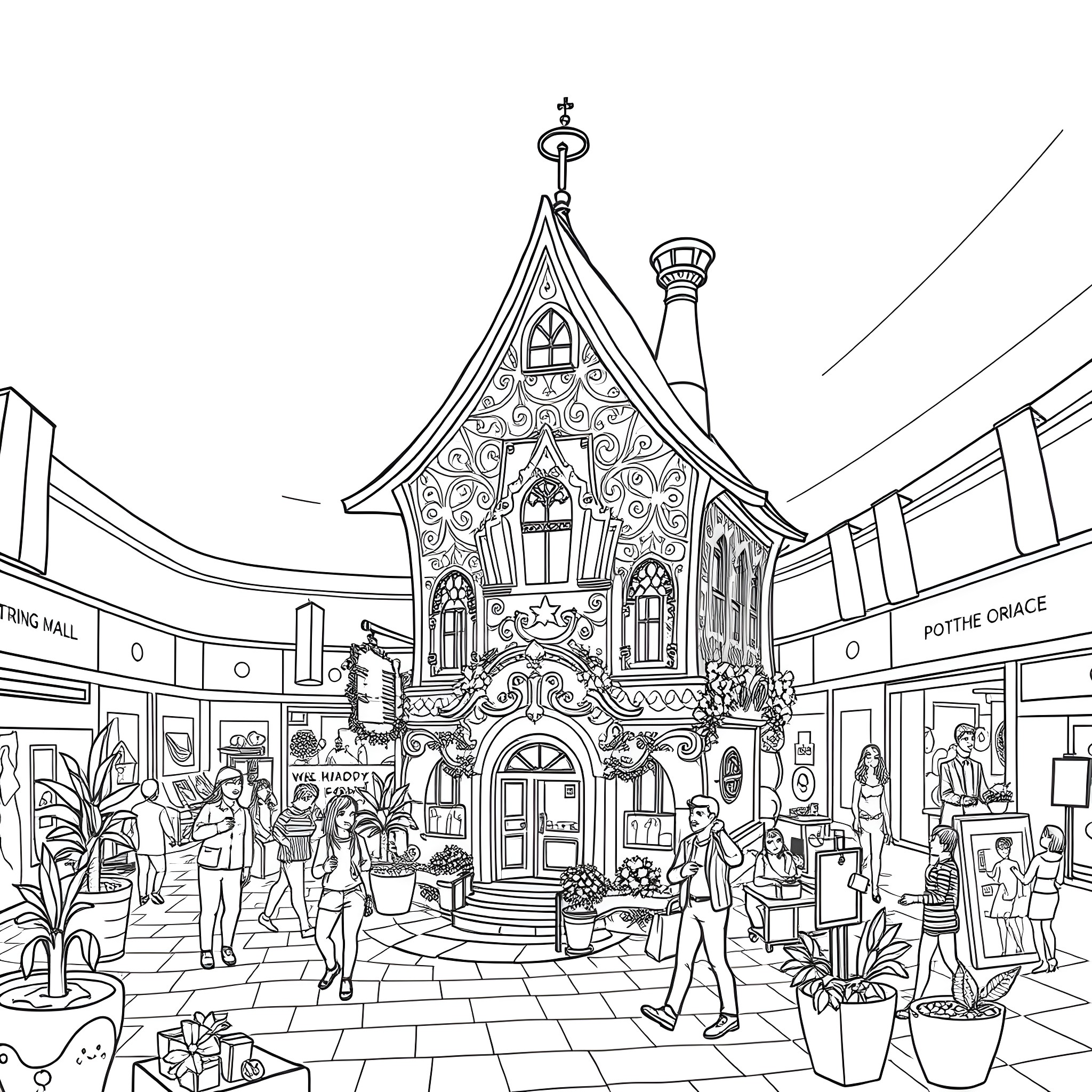 House of ornate architecture with people inside Coloring Page (free black-and-white line drawing printable PDF for all, from beginners to advanced learners, including children, teens, adults, and seniors)