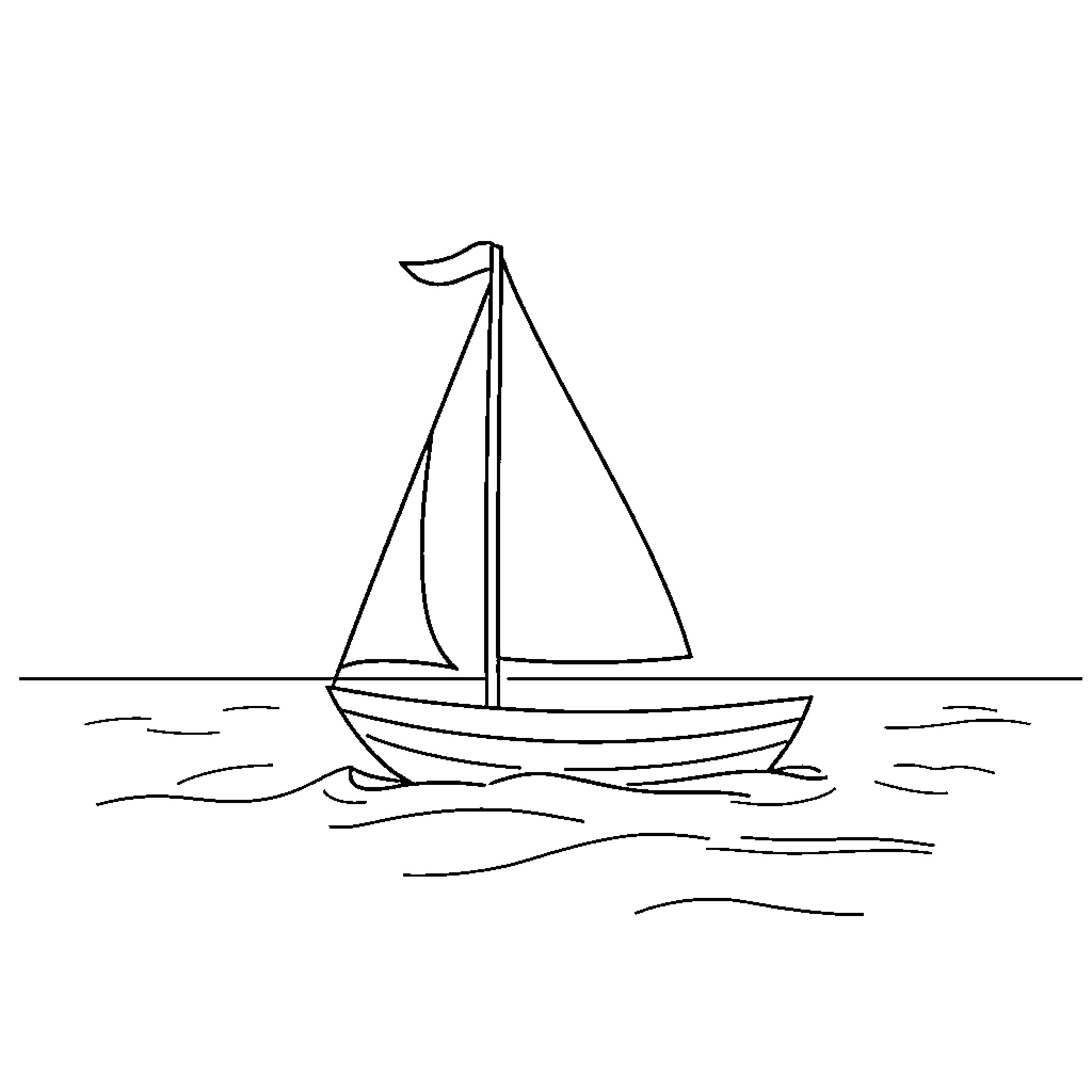 Sail Boat on Calm Seas Coloring Page (free black-and-white line drawing printable PDF for all, from beginners to advanced learners, including children, teens, adults, and seniors)