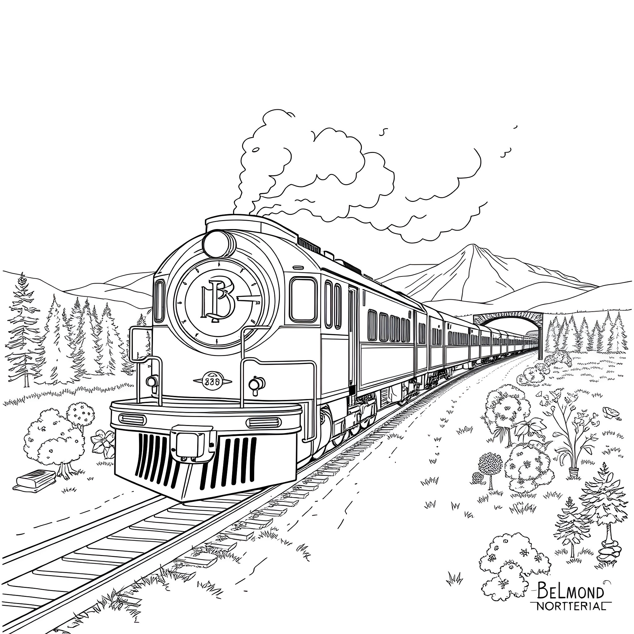 Belmond Northern Belle train traveling through scenic landscape Coloring Page (free black-and-white line drawing printable PDF for all, from beginners to advanced learners, including children, teens, adults, and seniors)
