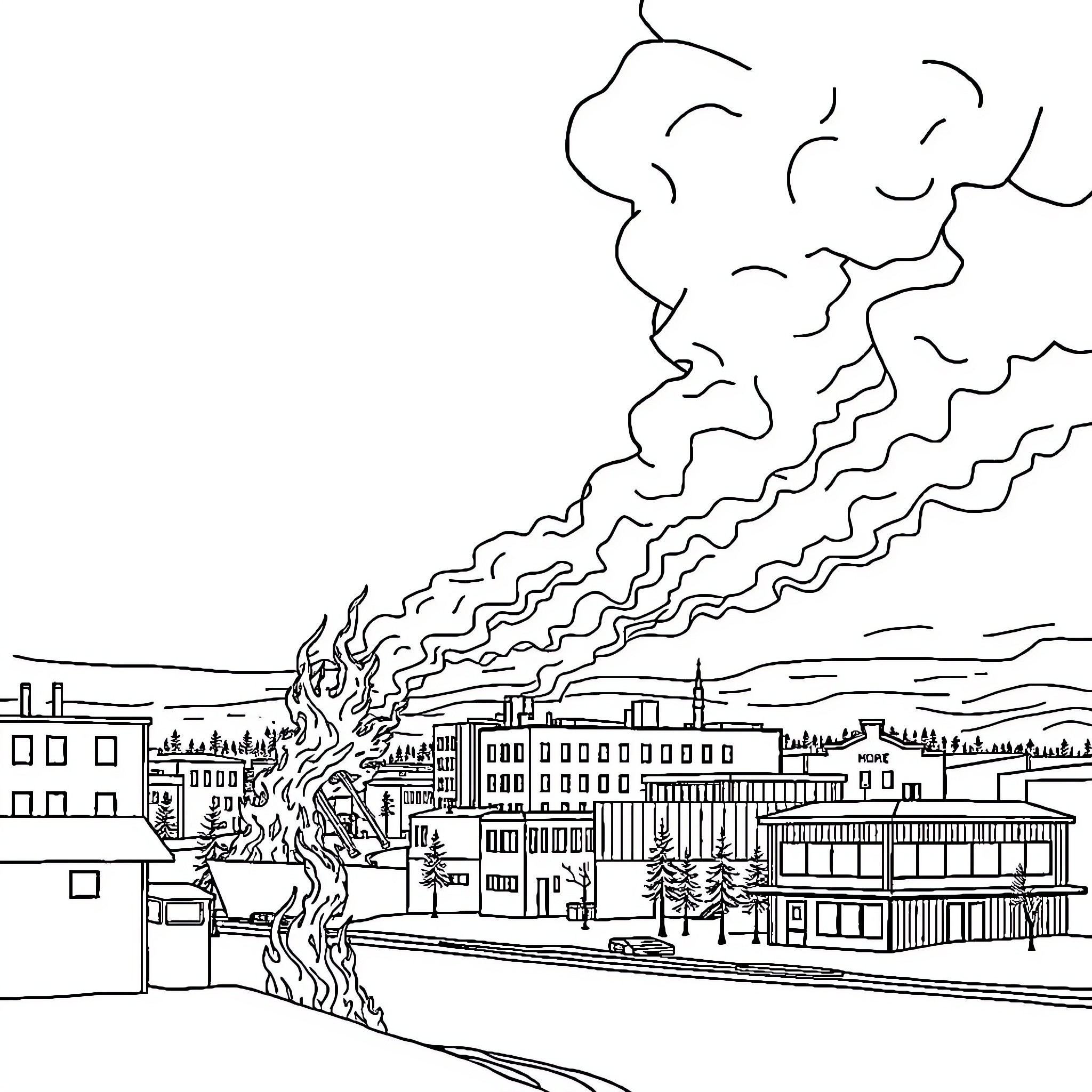 Yellowknife cityscape with raging fire Coloring Page (free black-and-white line drawing printable PDF for all, from beginners to advanced learners, including children, teens, adults, and seniors)