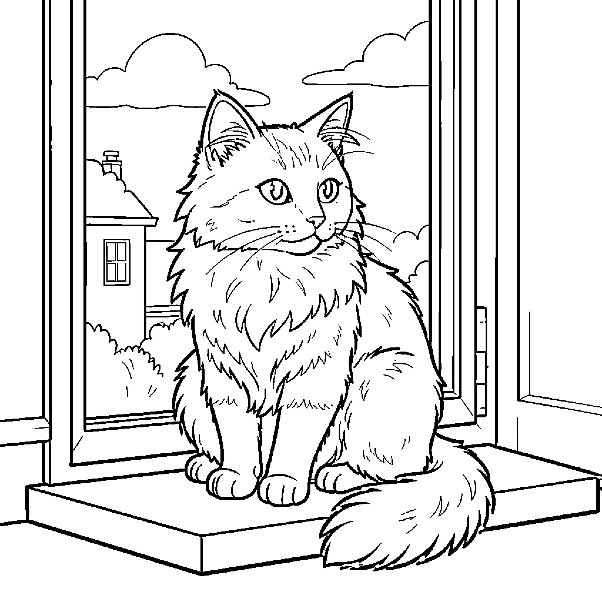 Cat sitting on windowsill looking outside Coloring Page (free black-and-white line drawing printable PDF for all, from beginners to advanced learners, including children, teens, adults, and seniors)