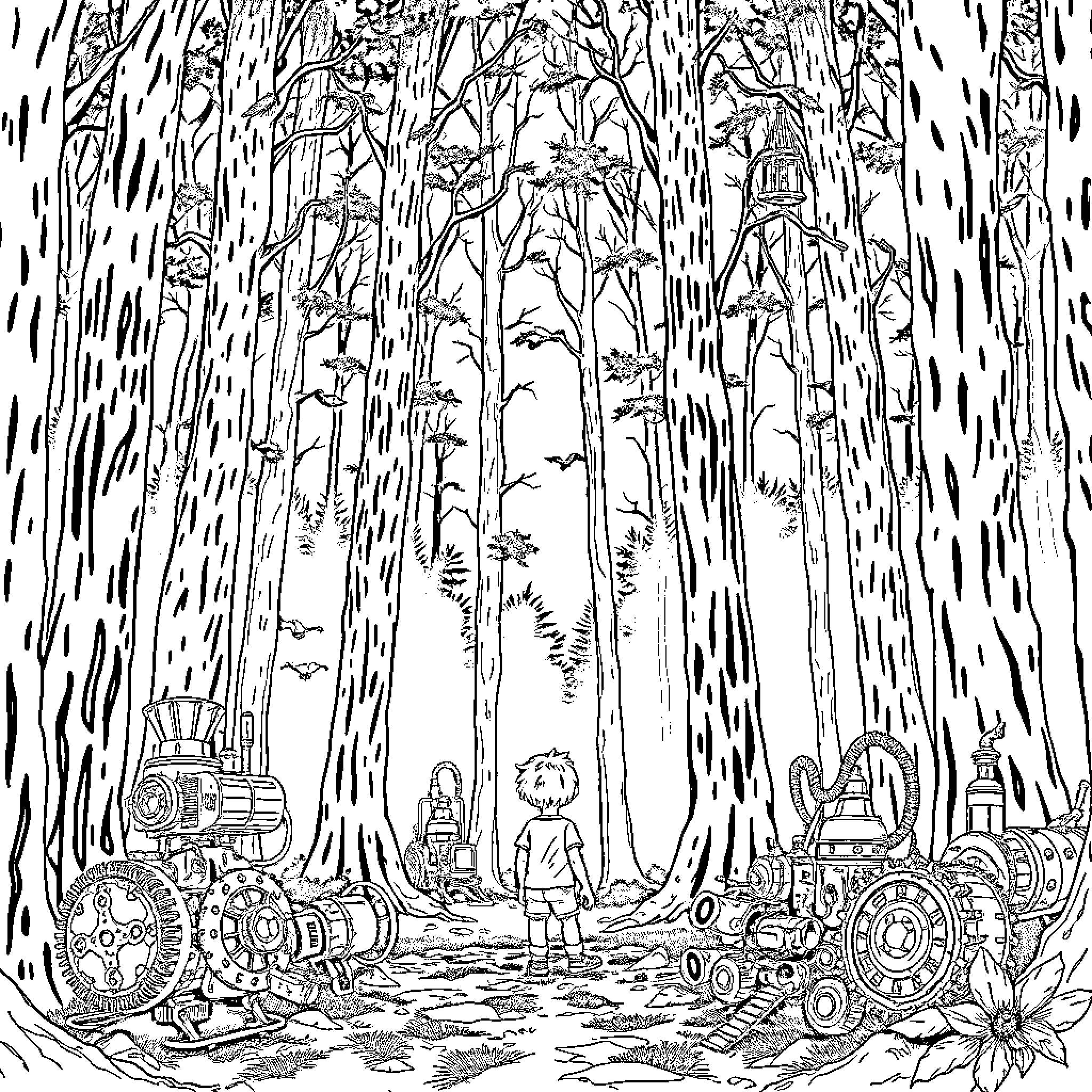 Boy exploring mysterious forest with vintage machines Coloring Page (free black-and-white line drawing printable PDF for all, from beginners to advanced learners, including children, teens, adults, and seniors)