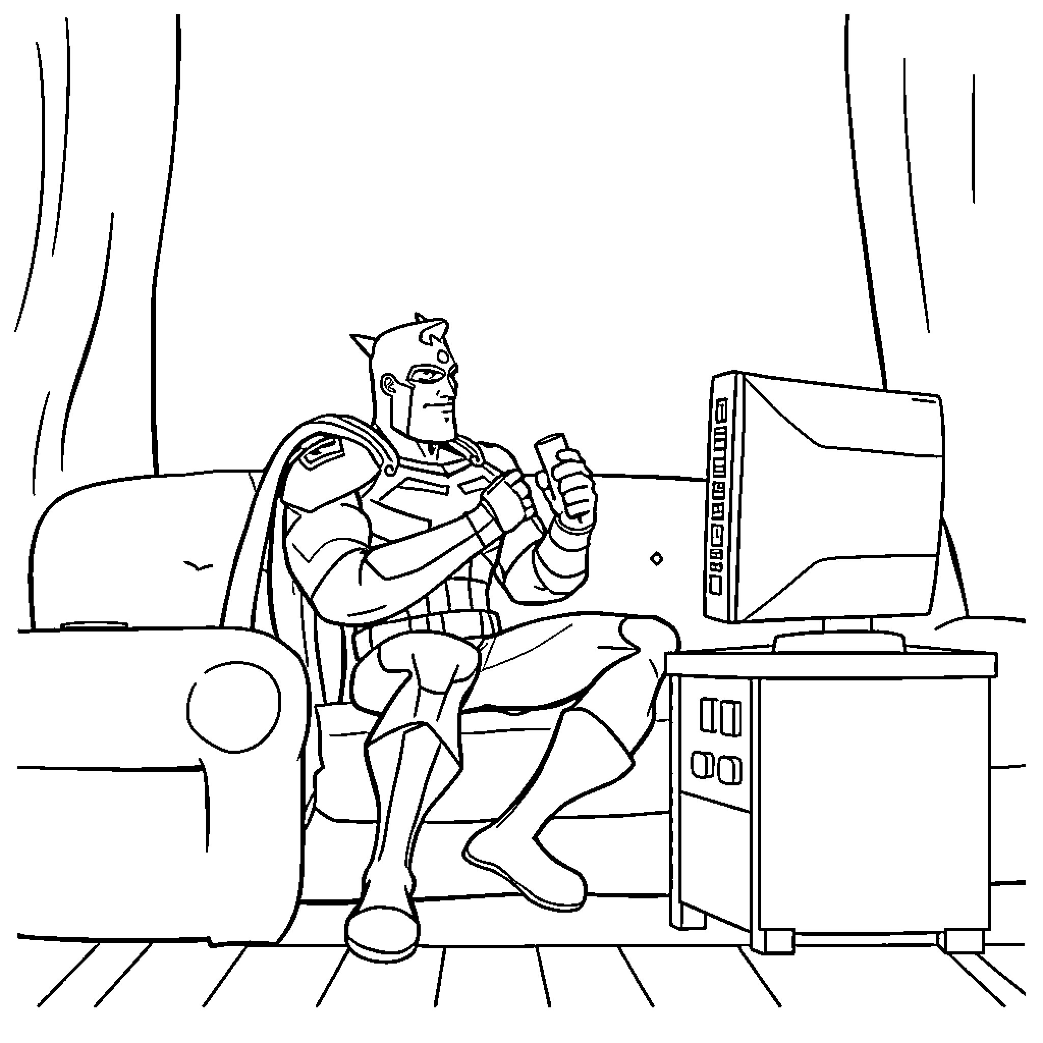 Captain America Relaxing at Home with a Game Console Coloring Page (free black-and-white line drawing printable PDF for all, from beginners to advanced learners, including children, teens, adults, and seniors)