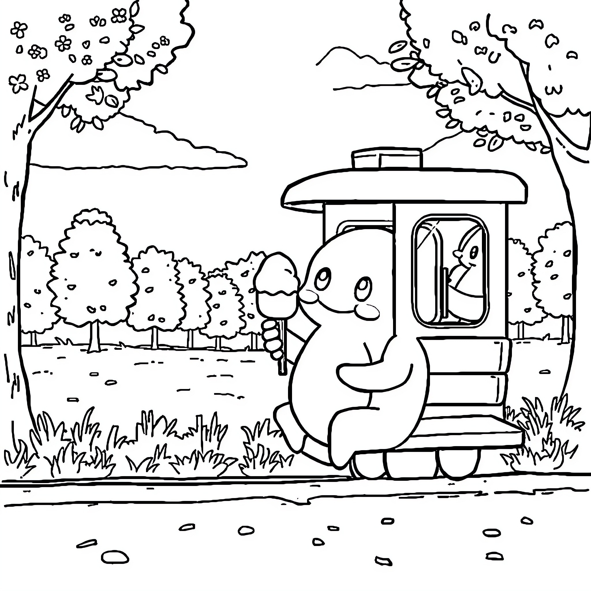 Rondoudou on a joyful train journey through nature Coloring Page (free black-and-white line drawing printable PDF for all, from beginners to advanced learners, including children, teens, adults, and seniors)