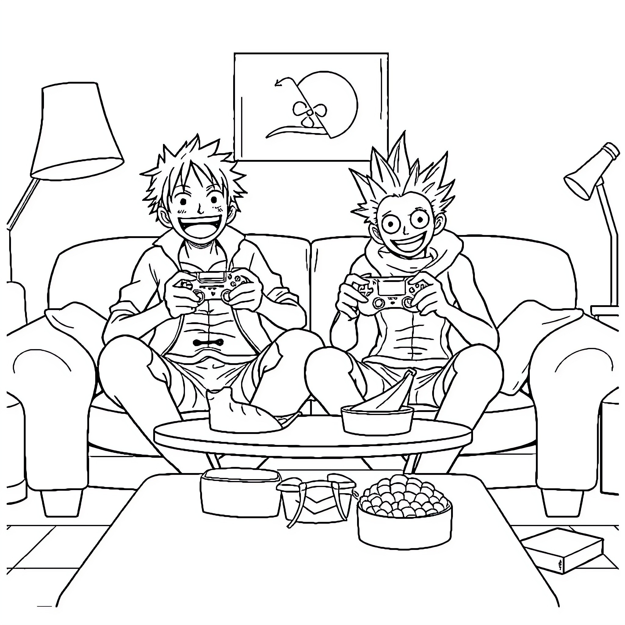 Luffy and Friend Enjoy Video Game Night Coloring Page (free black-and-white line drawing printable PDF for all, from beginners to advanced learners, including children, teens, adults, and seniors)