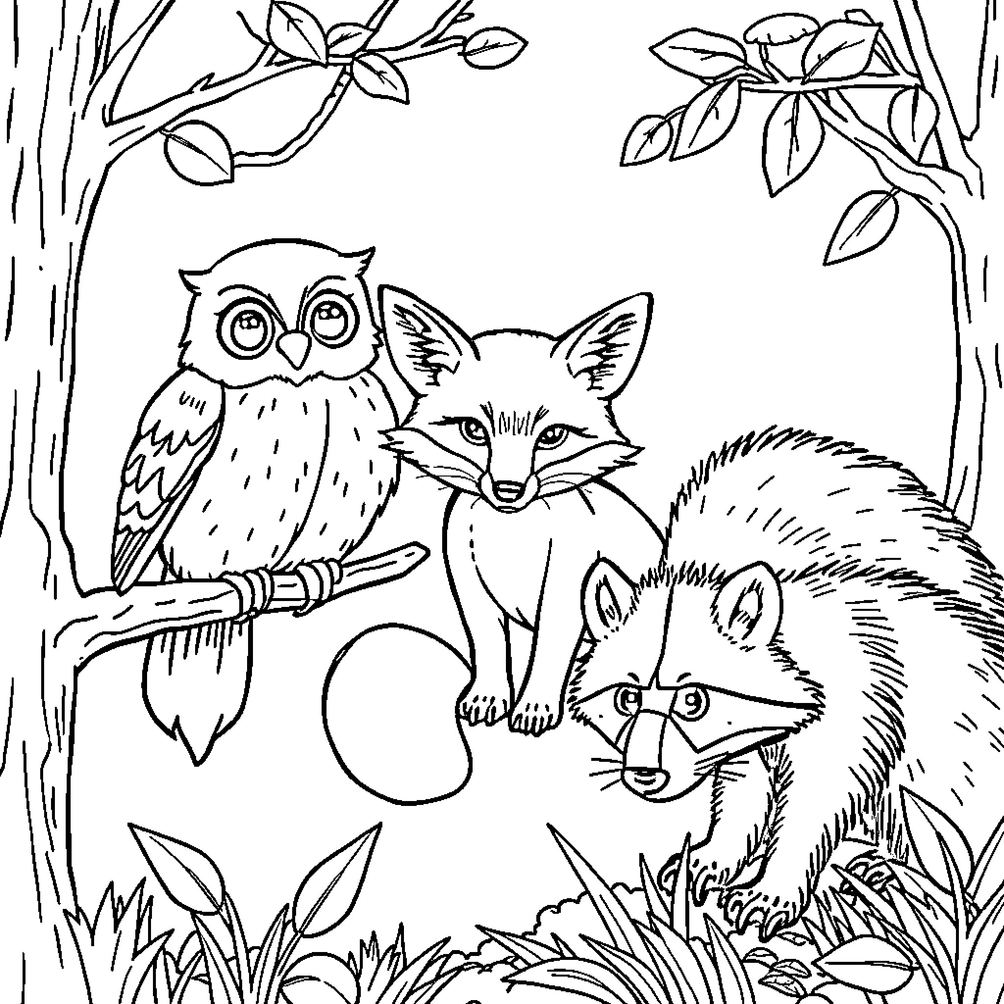 Owl and forest friends in the wilderness Coloring Page (free black-and-white line drawing printable PDF for all, from beginners to advanced learners, including children, teens, adults, and seniors)