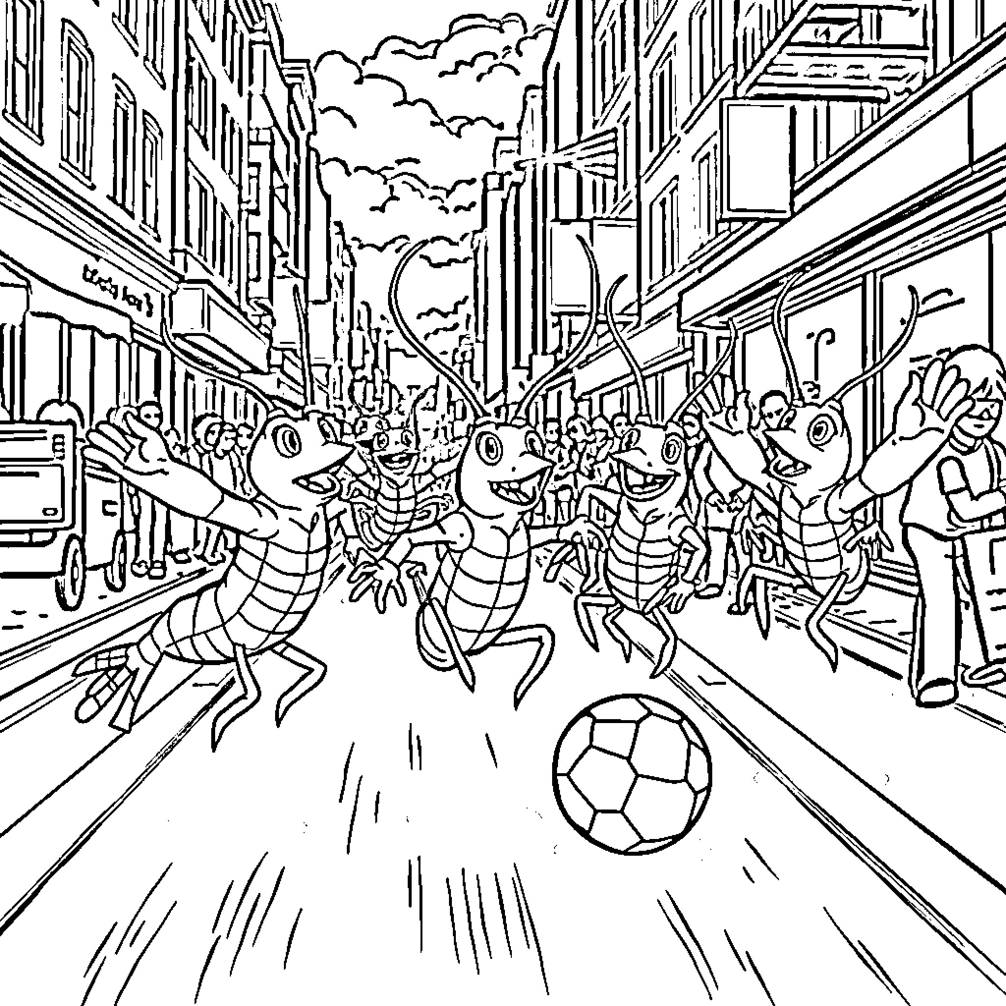 Shrimp playing soccer in a crowded city street Coloring Page (free black-and-white line drawing printable PDF for all, from beginners to advanced learners, including children, teens, adults, and seniors)