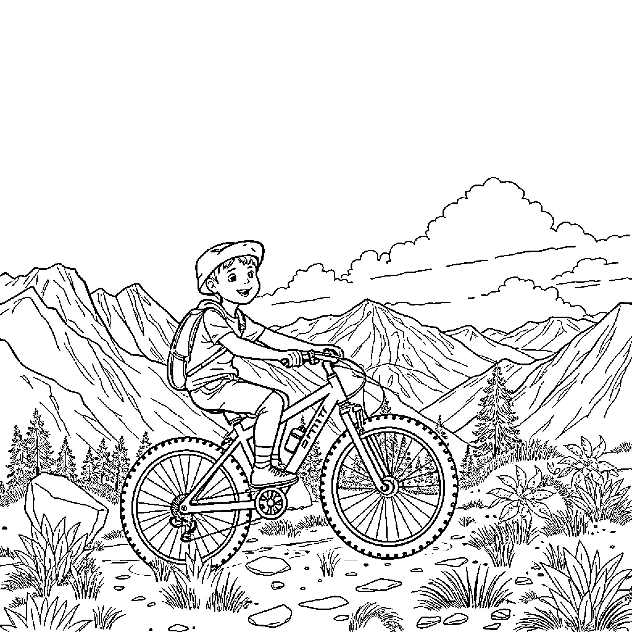 Child riding bicycle through mountain landscape Coloring Page (free black-and-white line drawing printable PDF for all, from beginners to advanced learners, including children, teens, adults, and seniors)