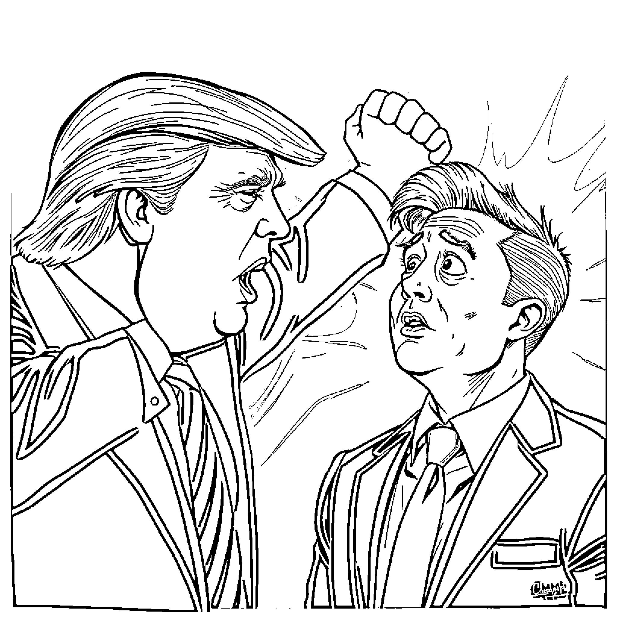 Donald Trump shouting angrily at another man in a suit Coloring Page (free black-and-white line drawing printable PDF for all, from beginners to advanced learners, including children, teens, adults, and seniors)