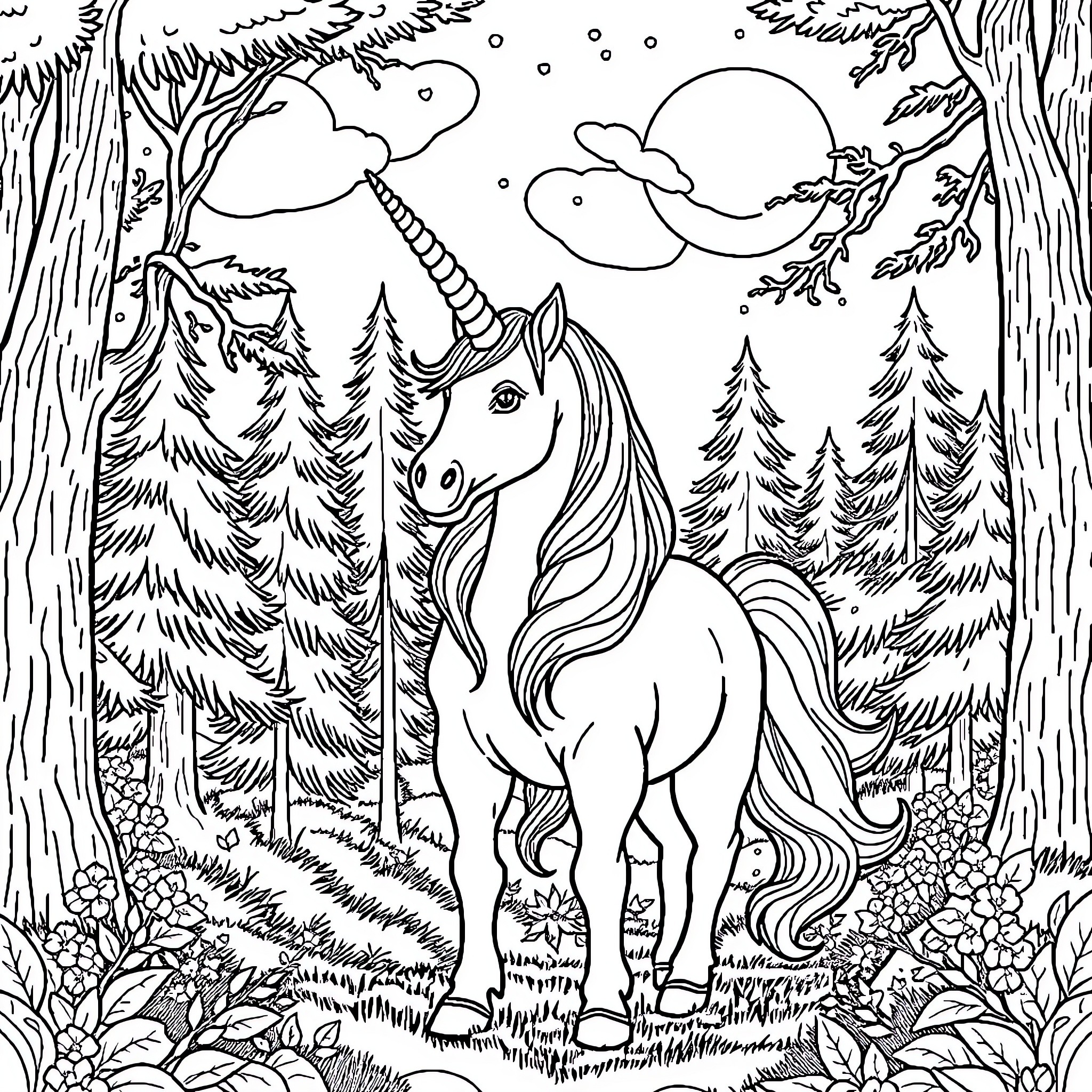 Unicorn Wandering Through Enchanted Forest Coloring Page (free black-and-white line drawing printable PDF for all, from beginners to advanced learners, including children, teens, adults, and seniors)