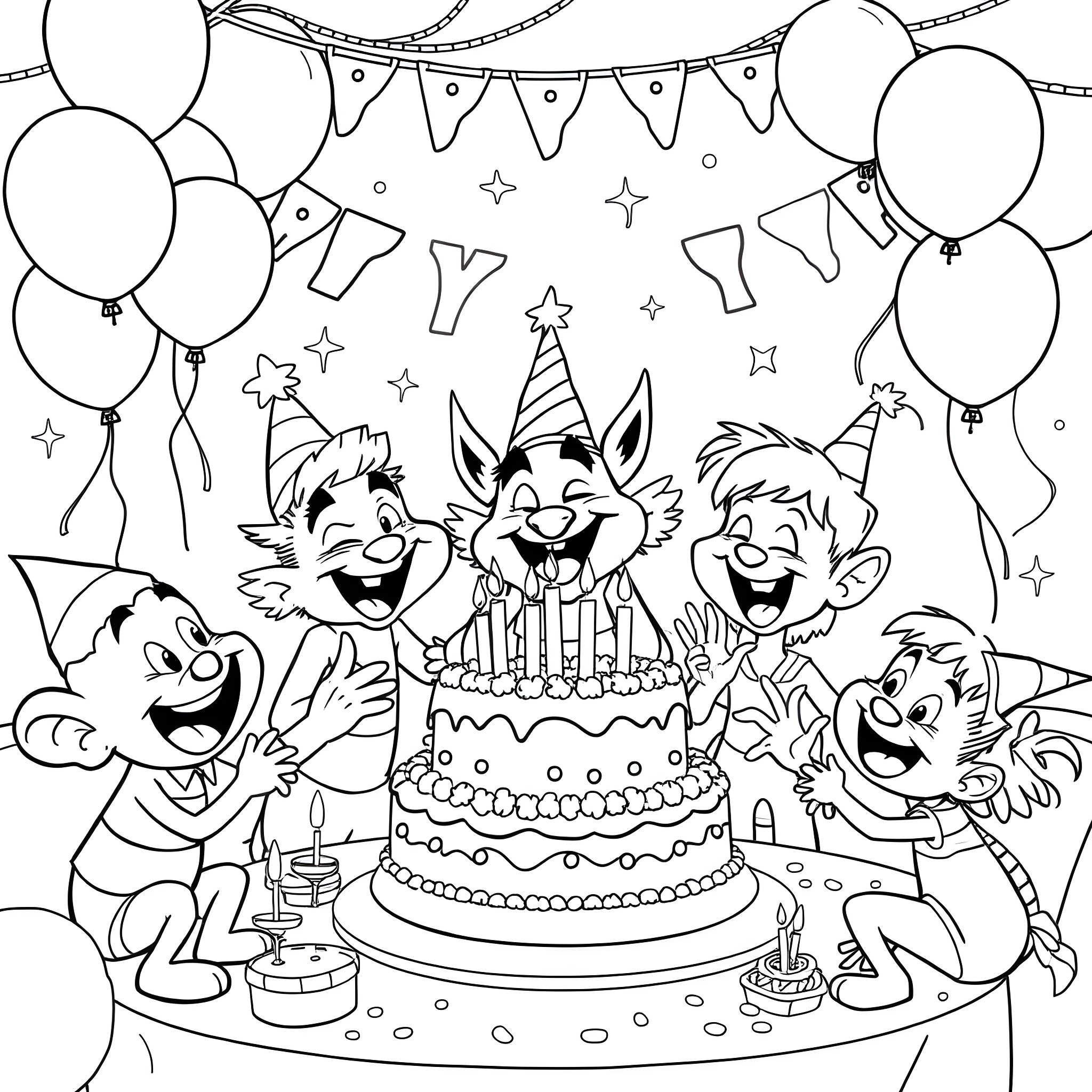 Birthday Party with Cheerful Animals and Cake Coloring Page (free black-and-white line drawing printable PDF for all, from beginners to advanced learners, including children, teens, adults, and seniors)