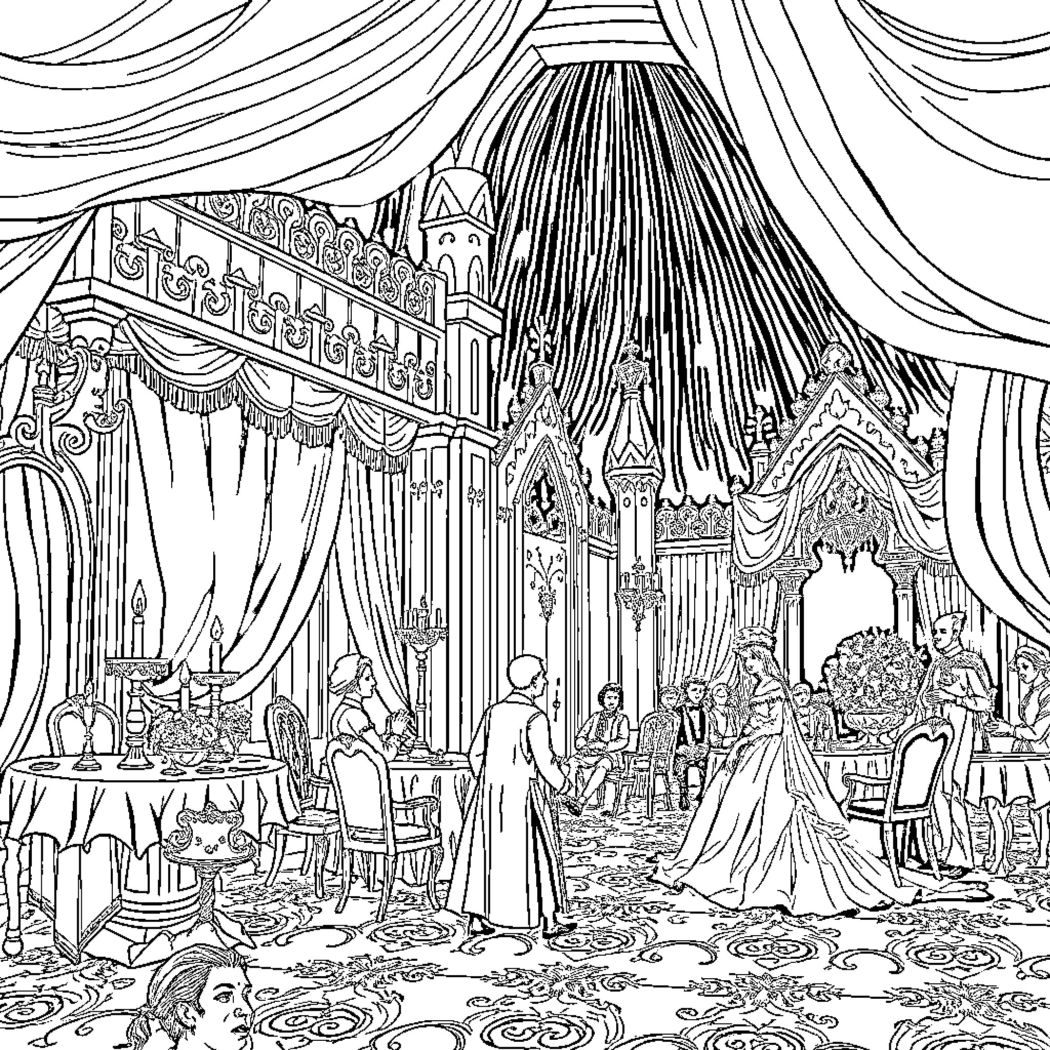 Masque of Elaborate Aristocratic Celebration Coloring Page (free black-and-white line drawing printable PDF for all, from beginners to advanced learners, including children, teens, adults, and seniors)