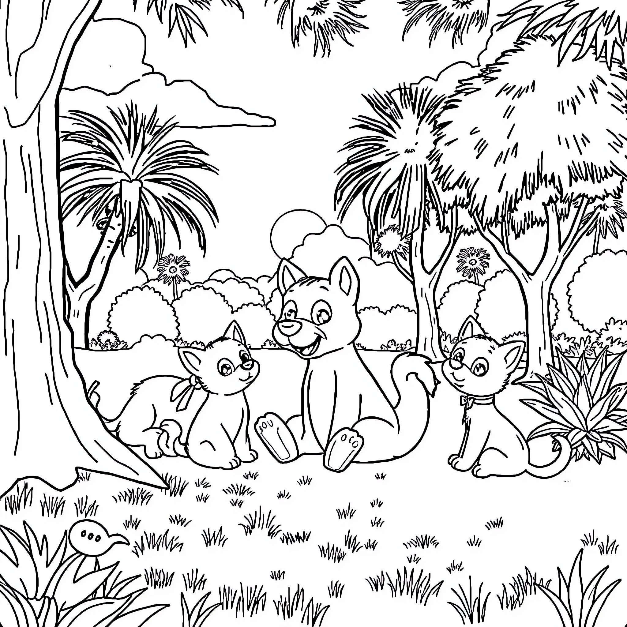 Bluey and friends explore the jungle Coloring Page (free black-and-white line drawing printable PDF for all, from beginners to advanced learners, including children, teens, adults, and seniors)