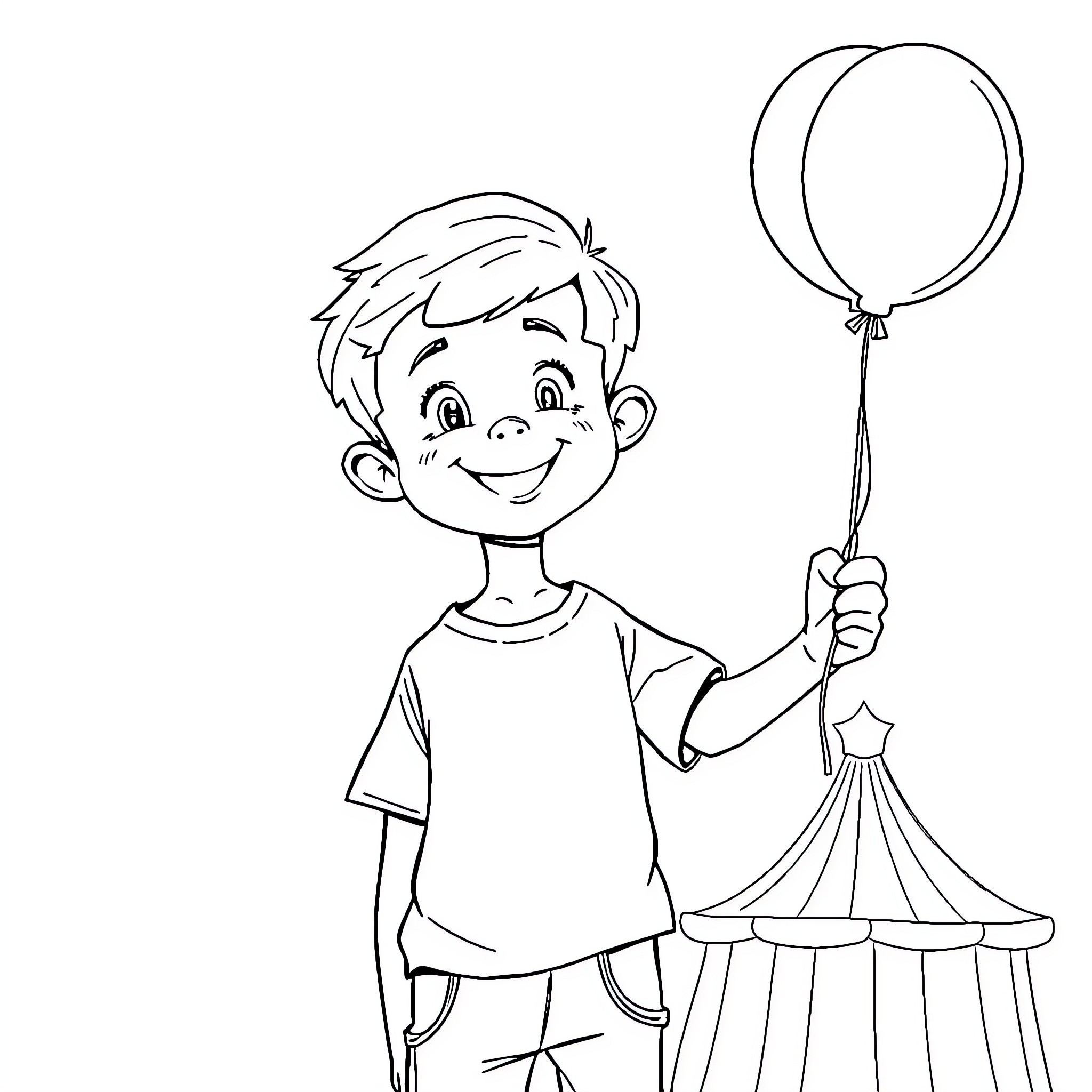 Boy holding carnival balloon near circus tent Coloring Page (free black-and-white line drawing printable PDF for all, from beginners to advanced learners, including children, teens, adults, and seniors)