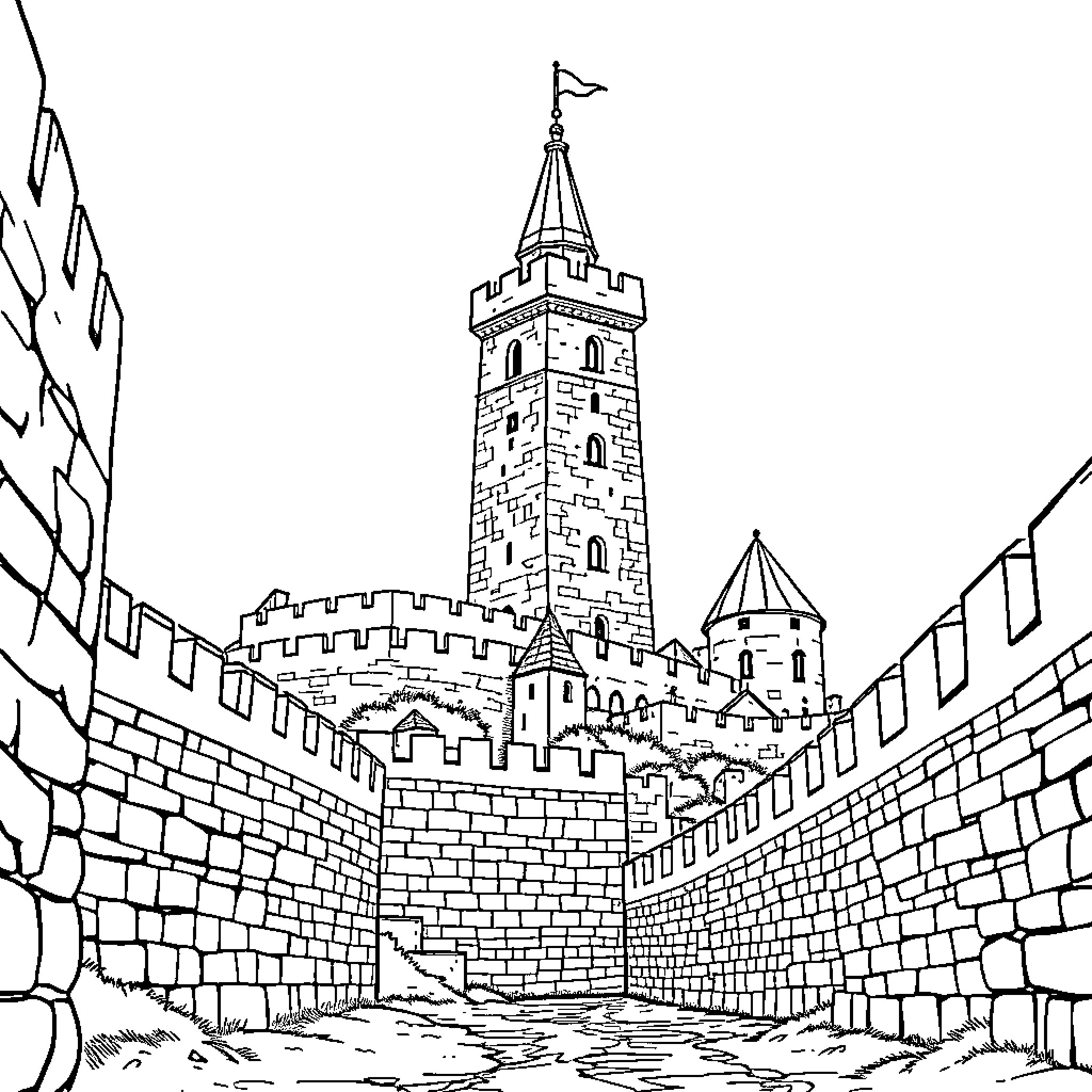City with medieval castle and fortified walls Coloring Page (free black-and-white line drawing printable PDF for all, from beginners to advanced learners, including children, teens, adults, and seniors)