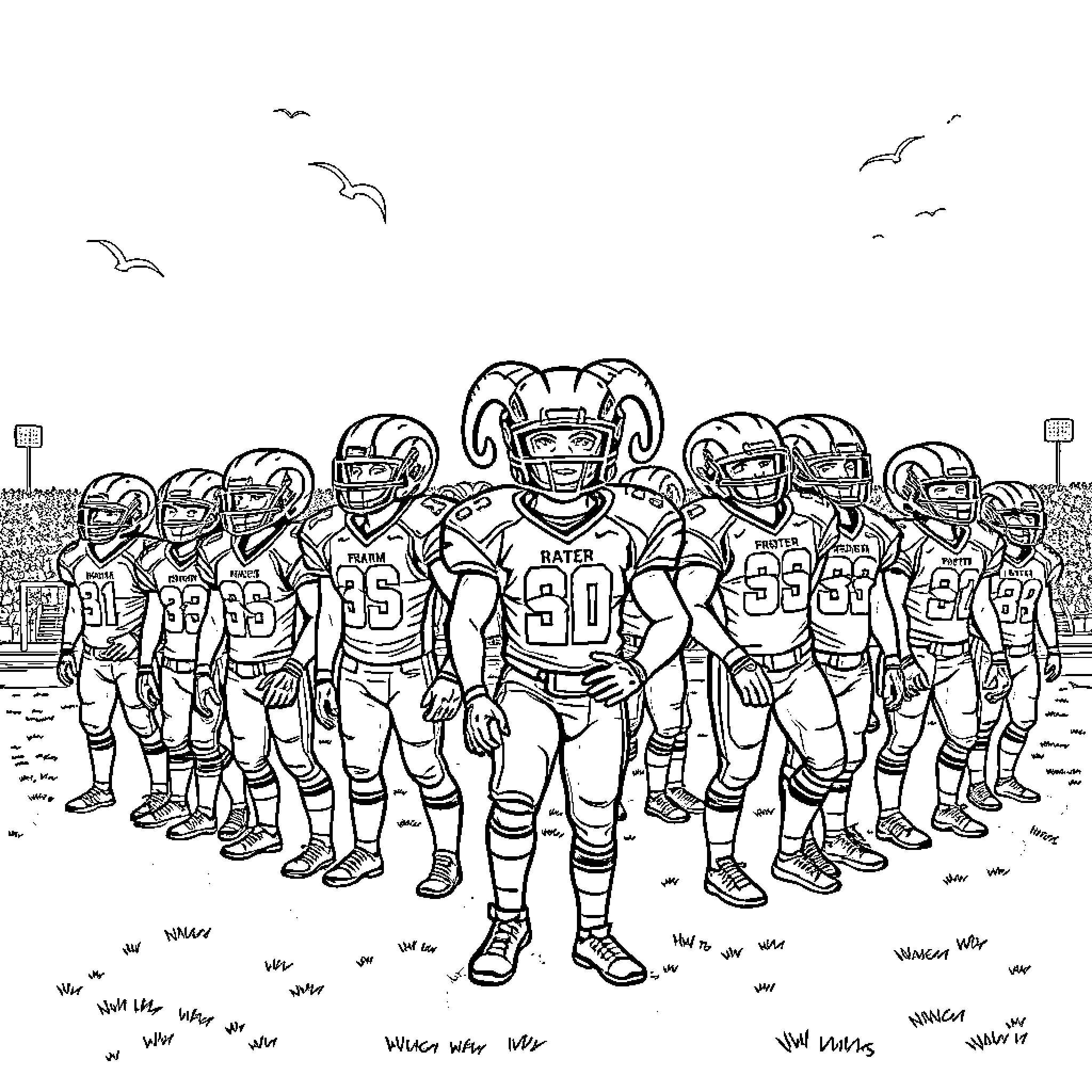 Ram Football Team Preparing for the Game Coloring Page (free black-and-white line drawing printable PDF for all, from beginners to advanced learners, including children, teens, adults, and seniors)