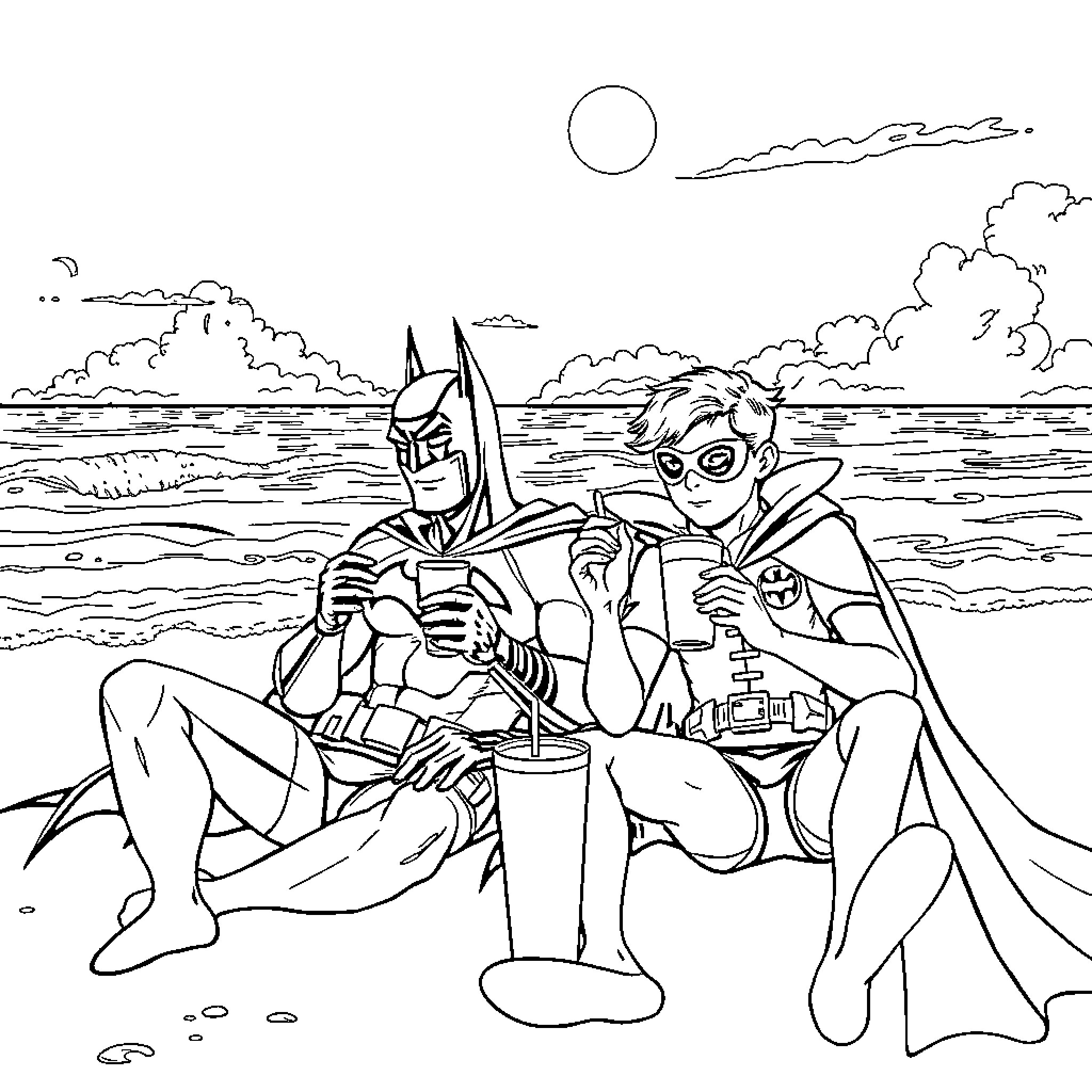 Batman and Robin relaxing on the beach Coloring Page (free black-and-white line drawing printable PDF for all, from beginners to advanced learners, including children, teens, adults, and seniors)
