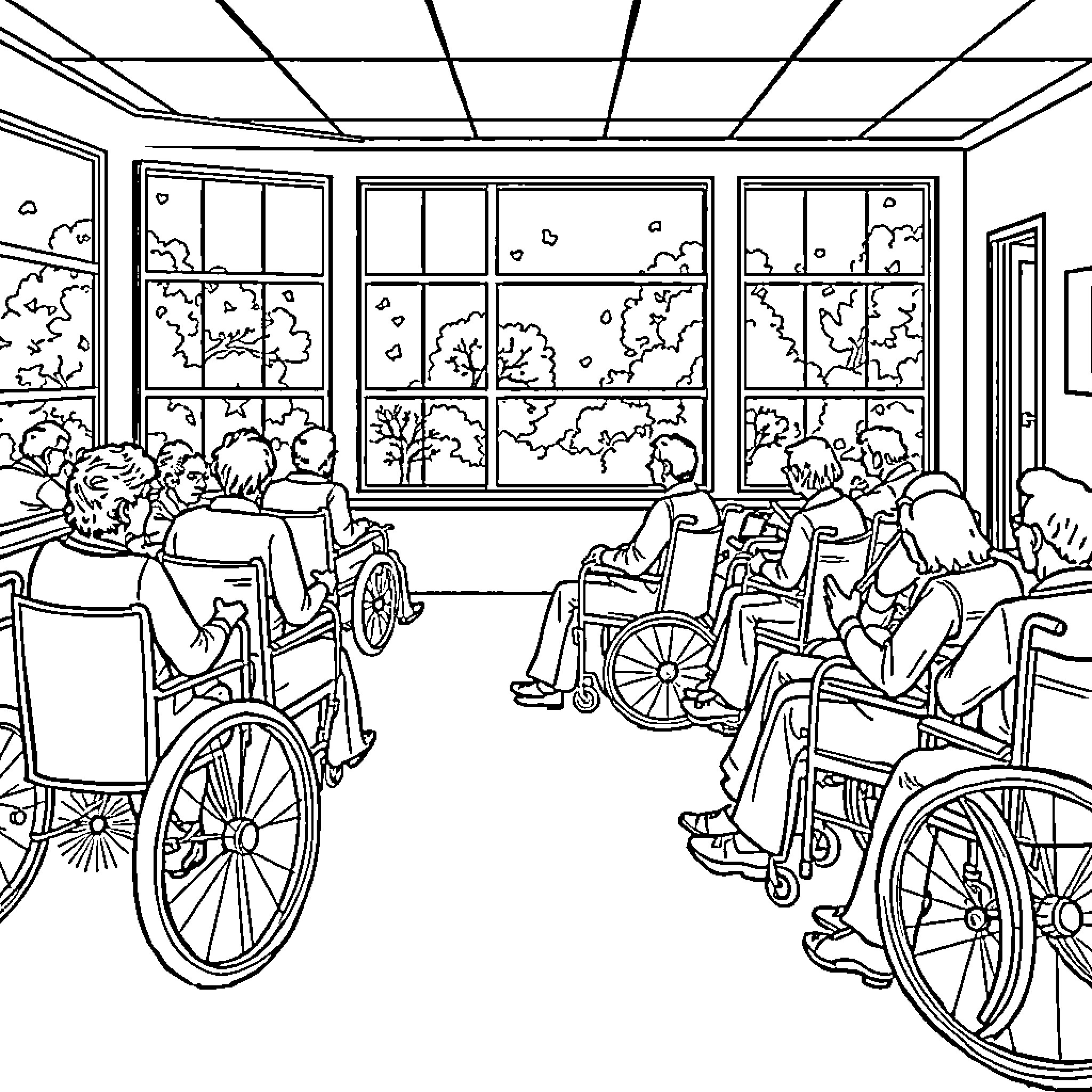 Elderly residents enjoying activities in a care facility Coloring Page (free black-and-white line drawing printable PDF for all, from beginners to advanced learners, including children, teens, adults, and seniors)