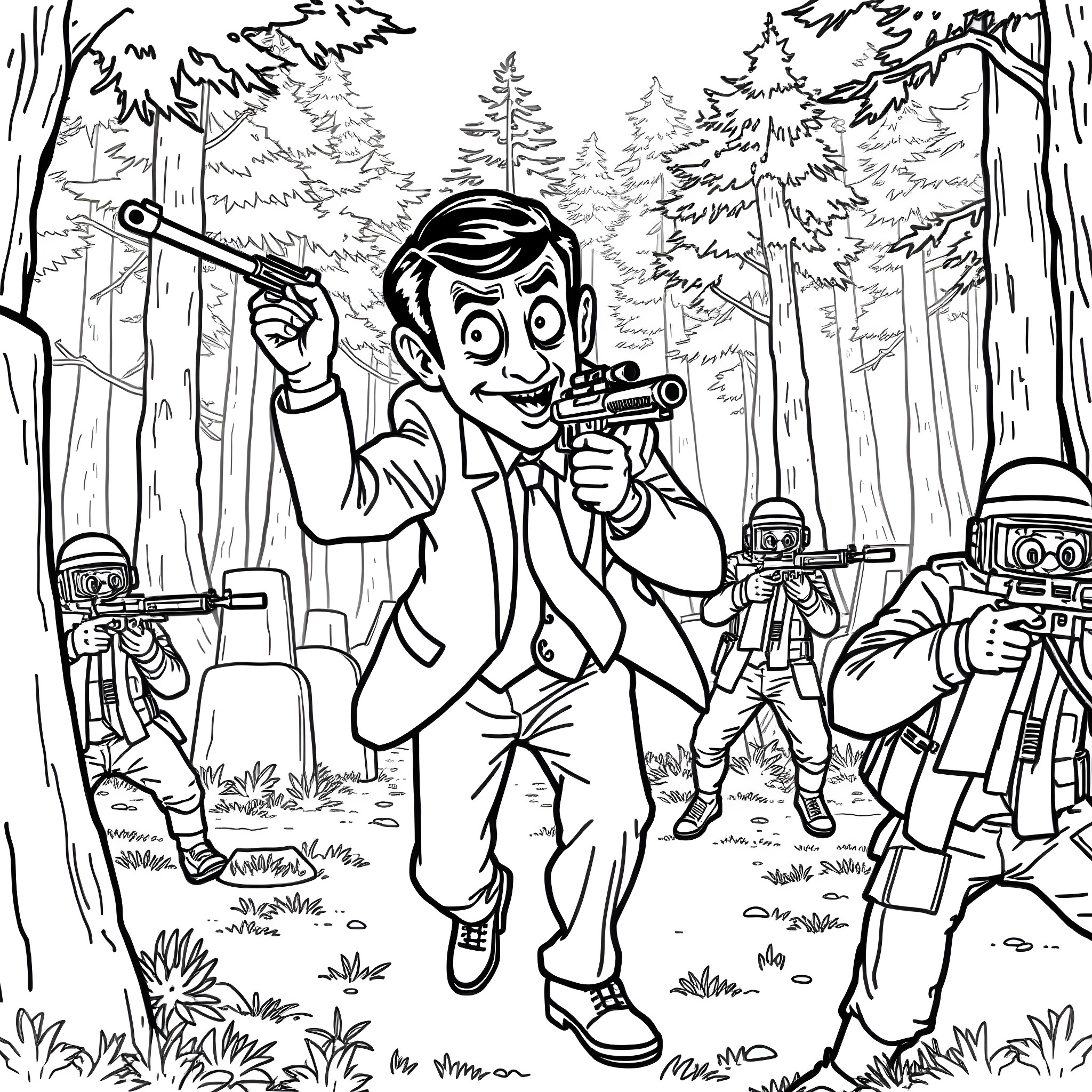 Mr Bean's Spy Mission in the Enchanted Forest Coloring Page (free black-and-white line drawing printable PDF for all, from beginners to advanced learners, including children, teens, adults, and seniors)
