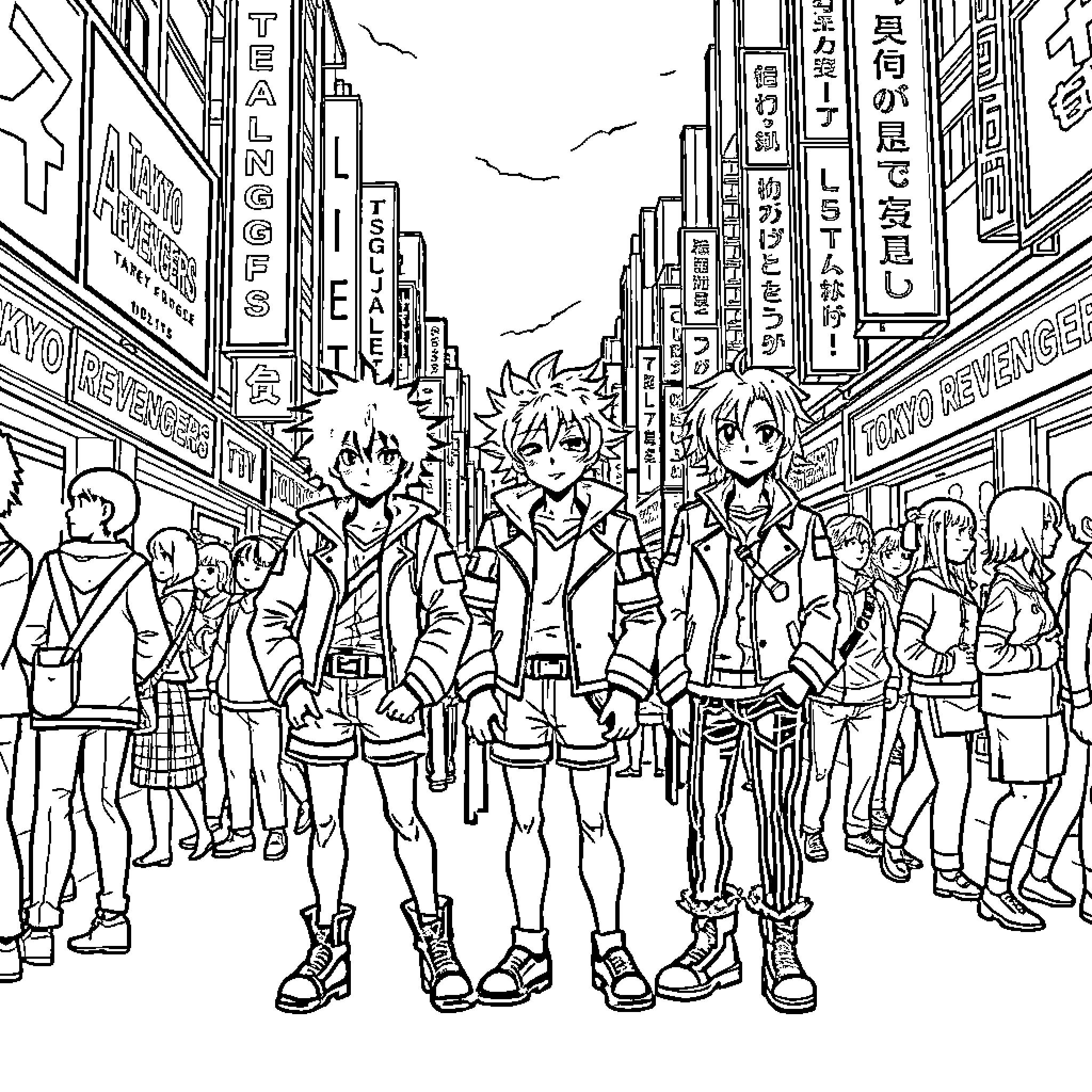 Tokyo Revengers - Group of friends in the city Coloring Page (free black-and-white line drawing printable PDF for all, from beginners to advanced learners, including children, teens, adults, and seniors)