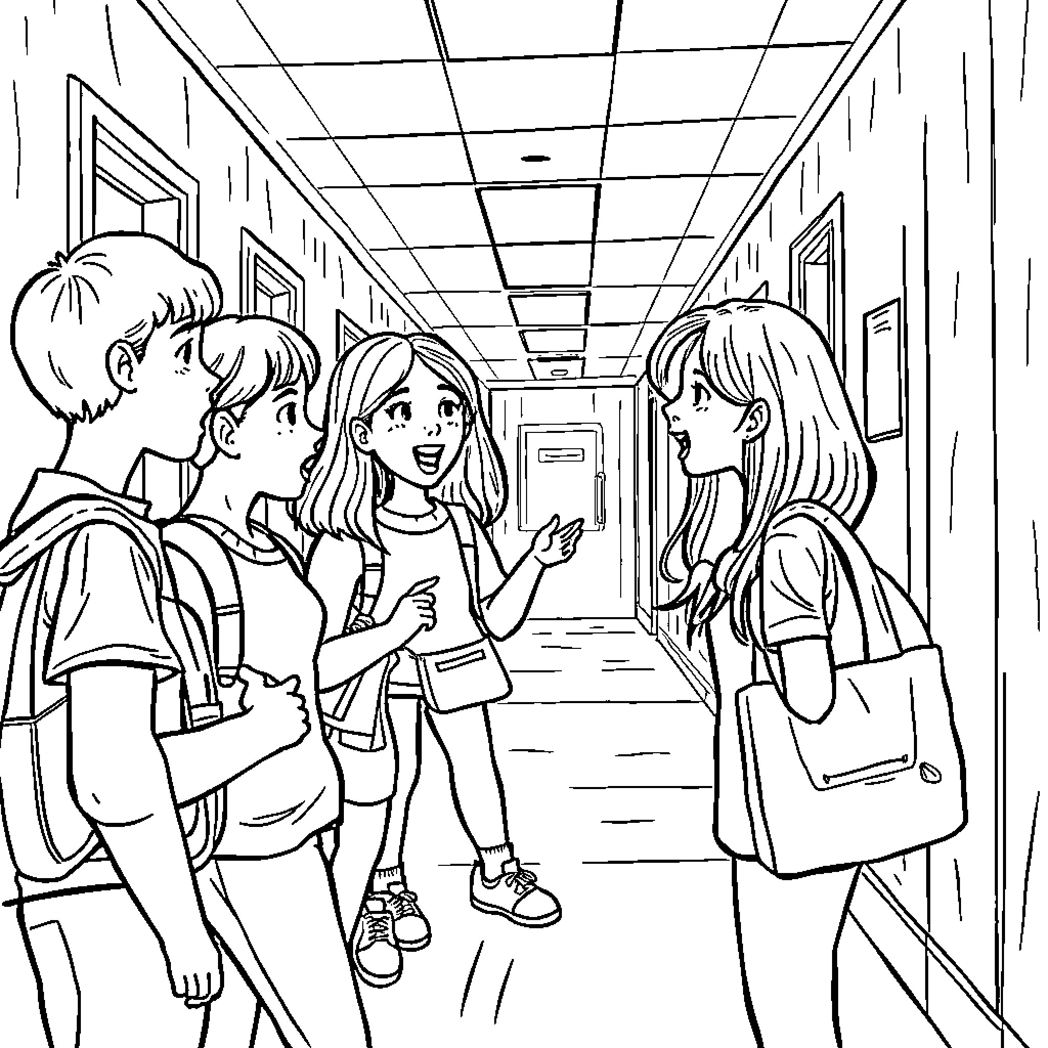 Buzz Teens Chatting Excitedly in School Hallway Coloring Page (free black-and-white line drawing printable PDF for all, from beginners to advanced learners, including children, teens, adults, and seniors)
