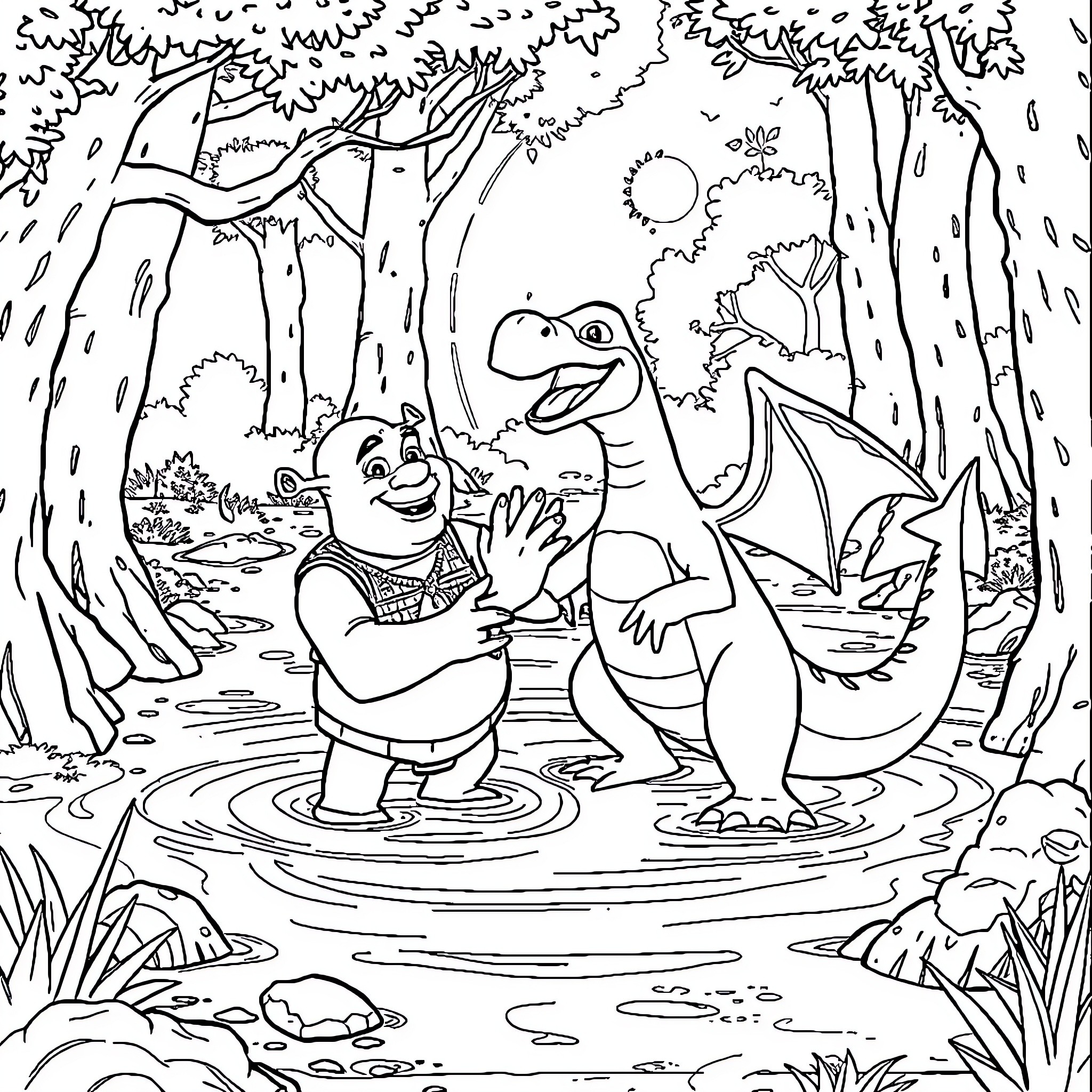 Shrek and Donkey playing in a magical forest Coloring Page (free black-and-white line drawing printable PDF for all, from beginners to advanced learners, including children, teens, adults, and seniors)