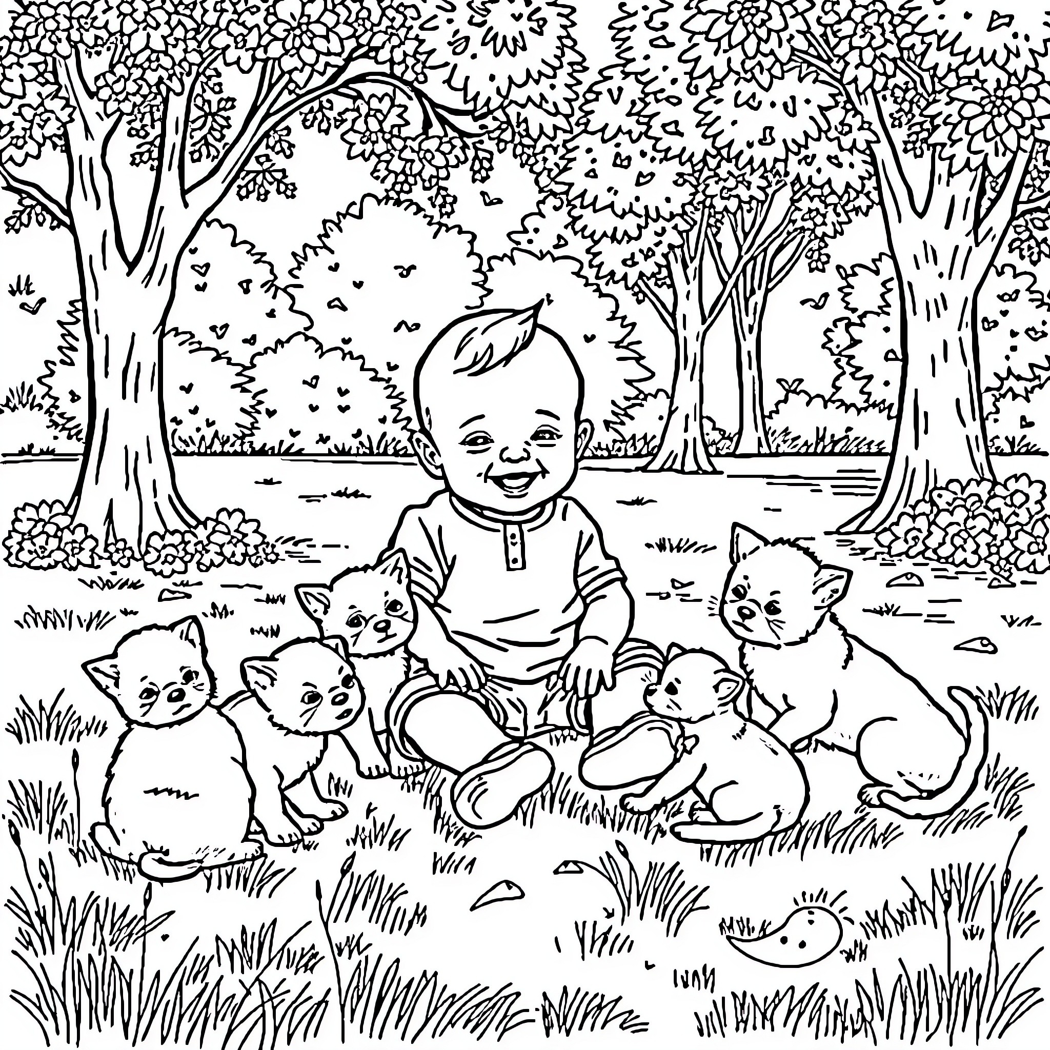 Baby playing with kittens in the park Coloring Page (free black-and-white line drawing printable PDF for all, from beginners to advanced learners, including children, teens, adults, and seniors)