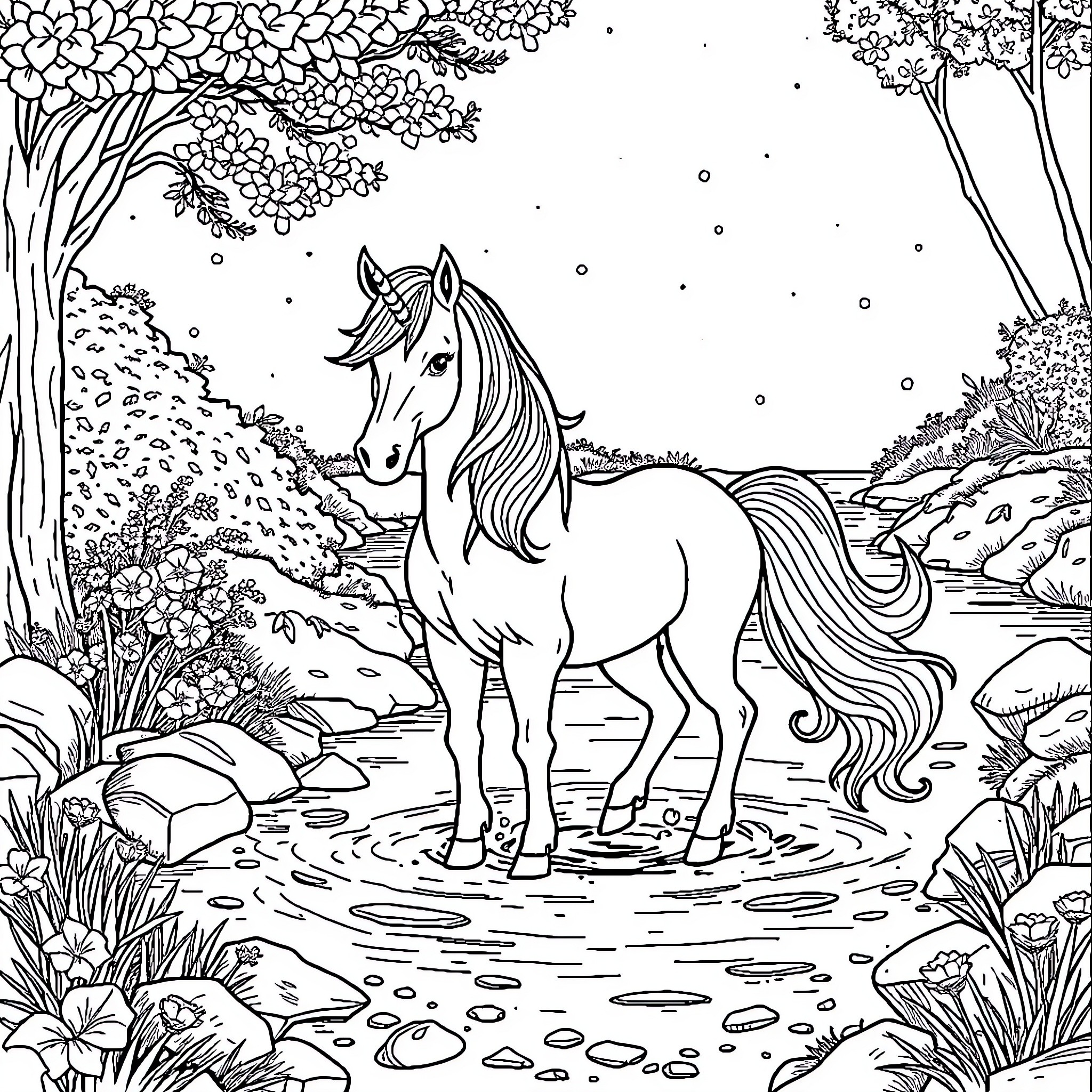Unicorn frolicking in enchanted forest Coloring Page (free black-and-white line drawing printable PDF for all, from beginners to advanced learners, including children, teens, adults, and seniors)